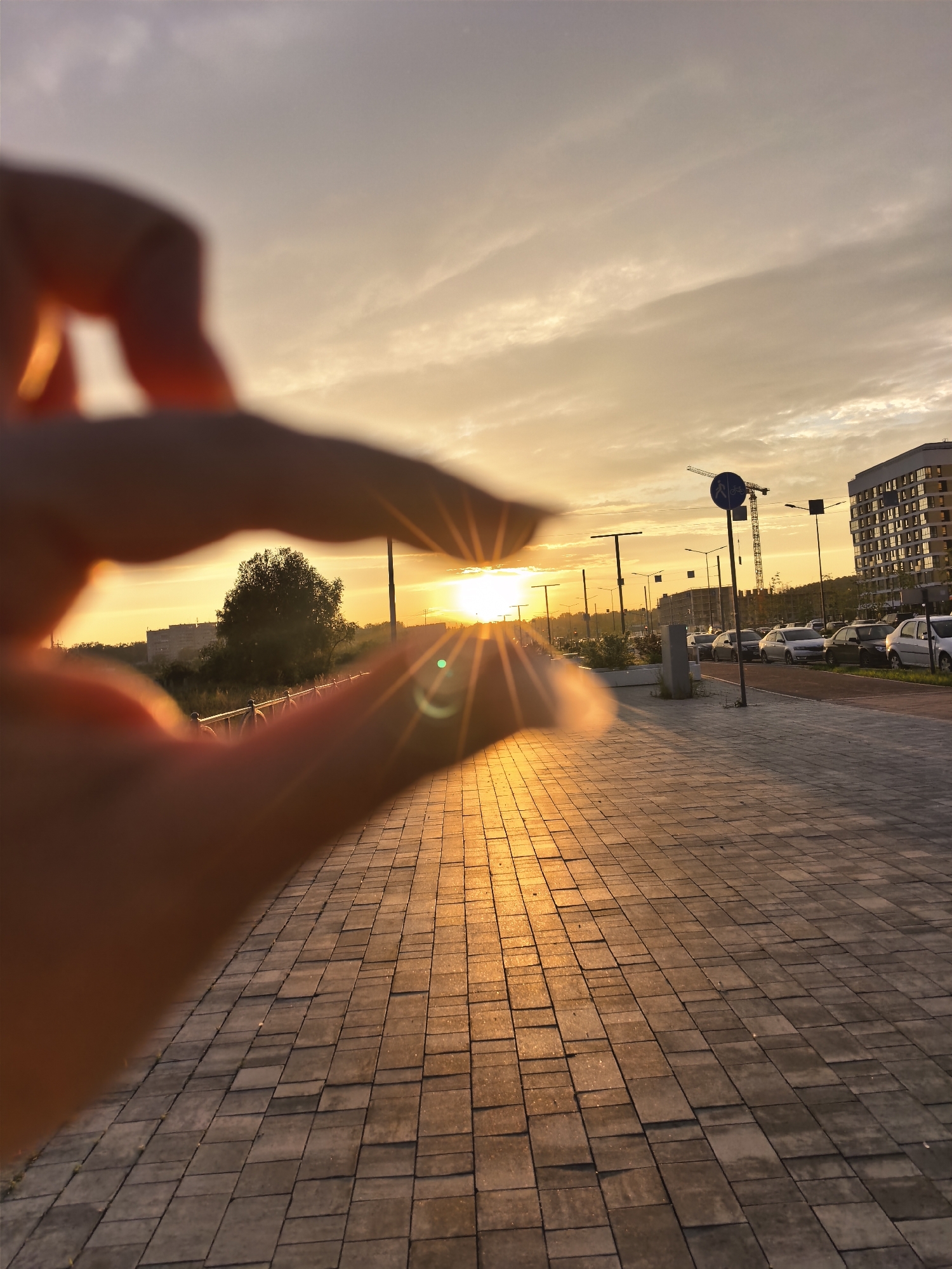 A hand is held up in the foreground, fingers curved to frame a sunset. The sun is a bright orb with visible lens flare, positioned between the thumb and forefinger. The sky behind the hand is a gradient of orange, yellow, and soft purple, with wispy clouds. The sun's rays cast a warm glow on the scene.
In the middle ground, a paved walkway made of grey square tiles stretches into the distance. The tiles reflect the sunset's light, creating a golden path. To the left of the walkway, there is a railing and a small tree. Further back, a line of cars is parked along the edge of the walkway. Several streetlights are visible, casting a faint light.
In the background, a tall building with multiple floors and windows stands on the right. Construction cranes are visible further in the distance. The overall setting appears to be an urban or suburban environment during a sunset. The location is identified as Unknown, Unknown.
