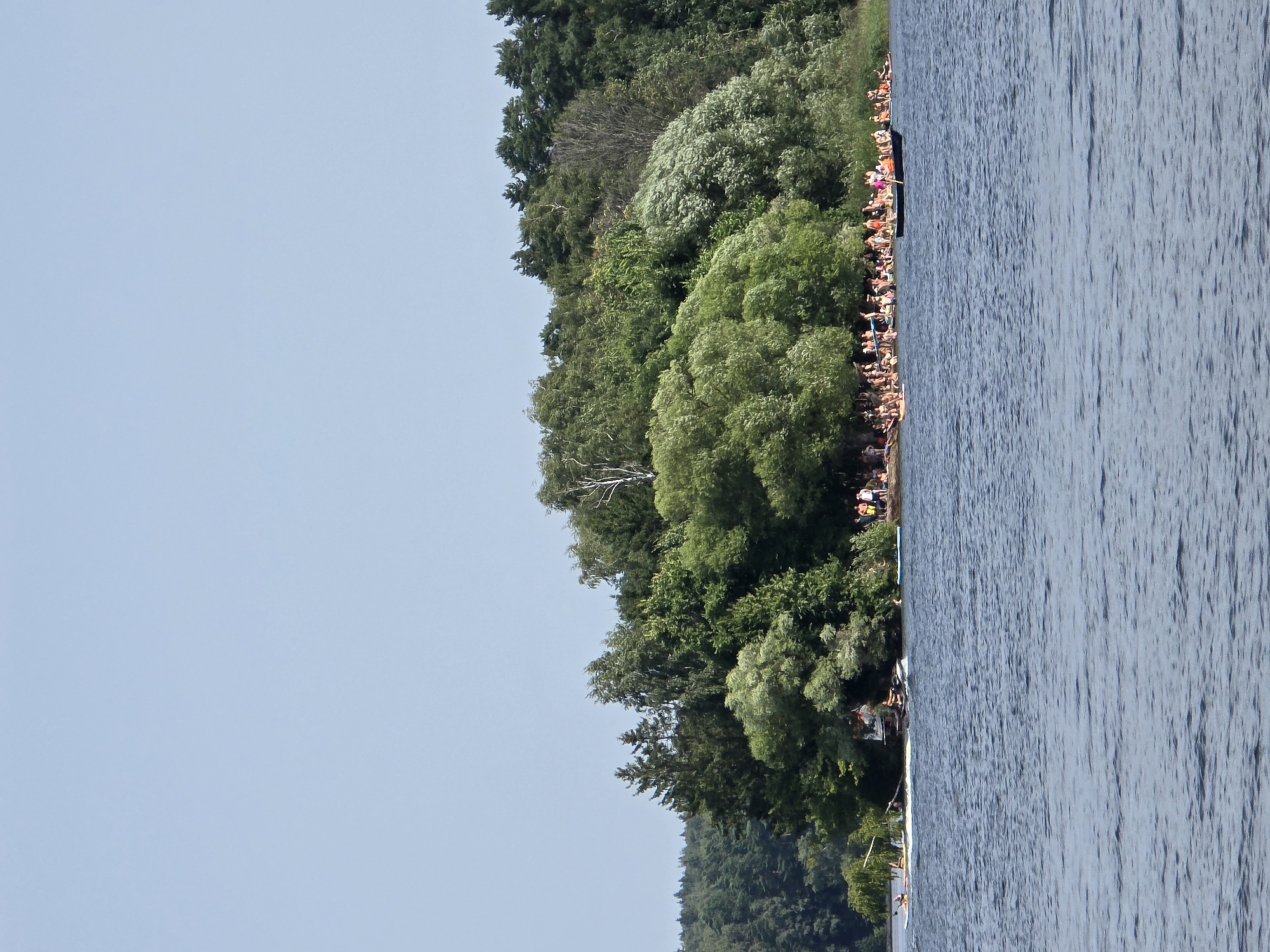 A wide shot captures a sun-drenched scene at a body of water, likely a lake or river, adjacent to a densely forested area. In the foreground, the rippling blue water stretches across the frame. Along the shoreline, a long stretch of land is populated with numerous people, many of whom appear to be sunbathing or gathered in groups. The shoreline is characterized by a sandy or gravelly beach dotted with trees.
Further back, a narrow strip of land juts out into the water, covered in lush green trees and vegetation. Several people are visible on this landmass, along with some boats and what appears to be a jet ski near a wooden structure. A few of these individuals are engaged in activities on the water, with one small boat containing a person wearing an orange life vest rowing. The backdrop is dominated by a dense forest of various tree types, including coniferous and deciduous trees, with a clear, pale blue sky overhead. The overall impression is of a popular recreational area during a summer day.