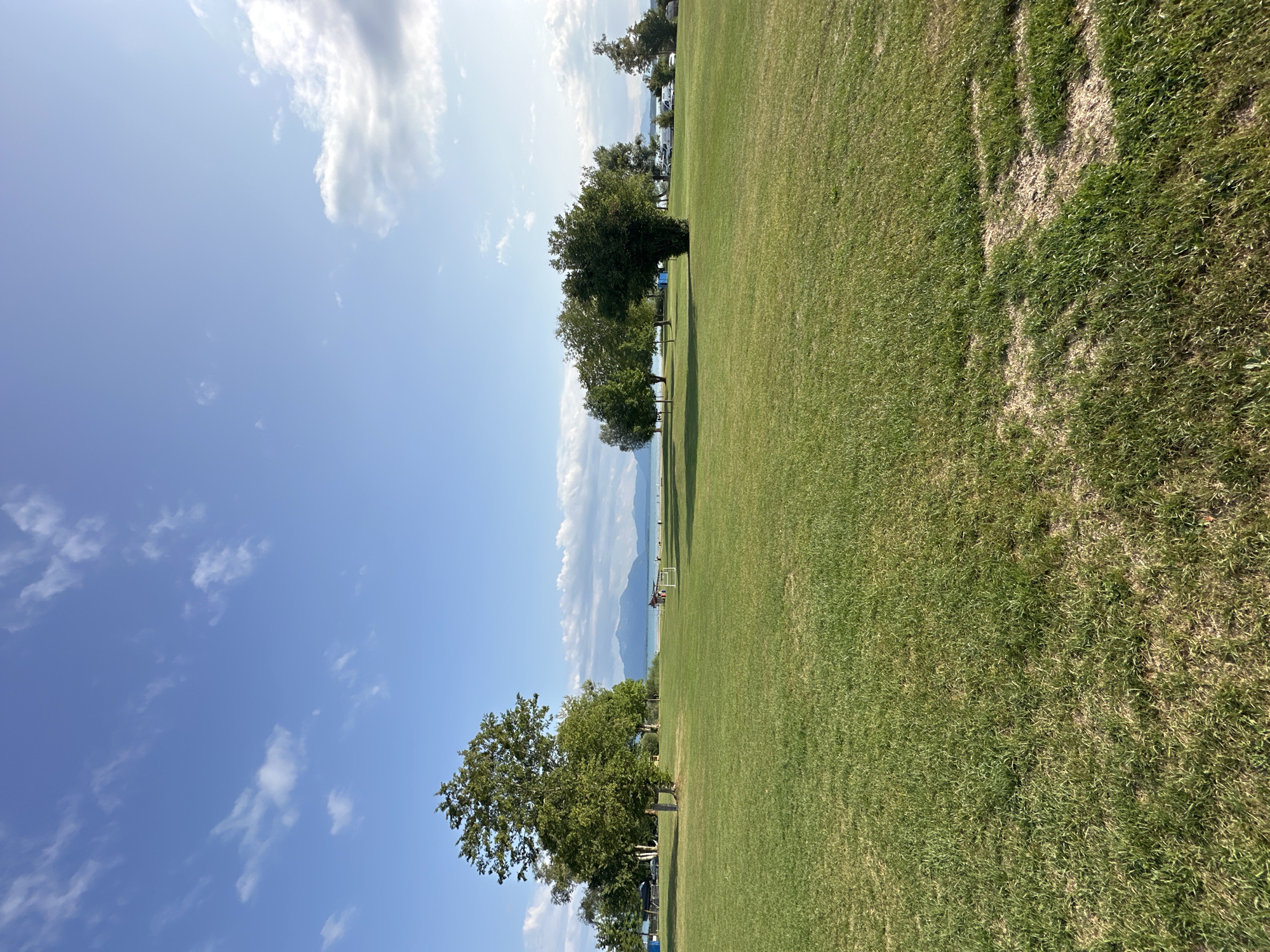 An outdoor wide shot captures a grassy field at the edge of a lake in Seeon-Seebruck, Germany. The foreground is dominated by a vast expanse of green lawn, showing some signs of dryness or wear in patches. In the mid-ground, scattered trees of various sizes stand on the lawn, with a larger tree to the left. Beyond the trees, the blue water of the lake is visible, with a shoreline dotted with more trees. In the distance, a range of mountains forms the horizon under a bright blue sky filled with scattered white clouds. Several people can be seen near the lake, some appearing to be walking or standing, and a soccer goal is set up on the grass near the water's edge. A small, dark-colored shelter or structure is also present on the lawn. The overall scene suggests a public recreational area by the lake.