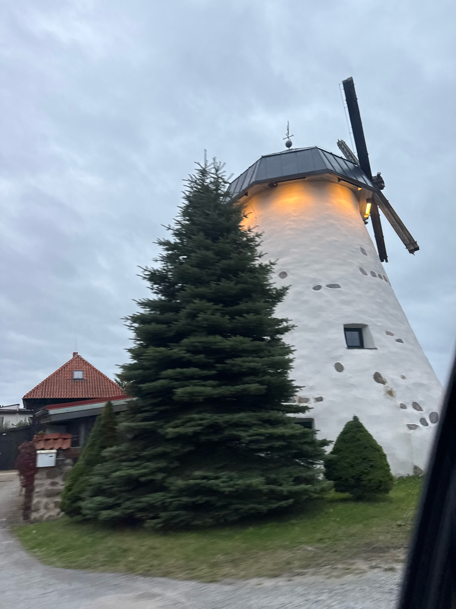 In the image, a tall, whitewashed windmill with a dark, octagonal roof is prominently featured. The windmill has visible dark circular markings on its exterior and a single dark-framed window. A single windmill sail is partially visible at the top. Warm yellow light emanates from the top section of the windmill, suggesting interior lighting. To the left of the windmill, a large, dark green evergreen tree stands tall, partially obscuring the windmill. In the background to the left of the tree, a red-tiled roof with a small square window is visible, indicative of a residential building. A smaller conical evergreen tree is positioned in front of the windmill. The scene is set against a cloudy, overcast sky. The ground in the foreground appears to be a gravel path or driveway. This scene is located in Peetri alevik, Estonia.