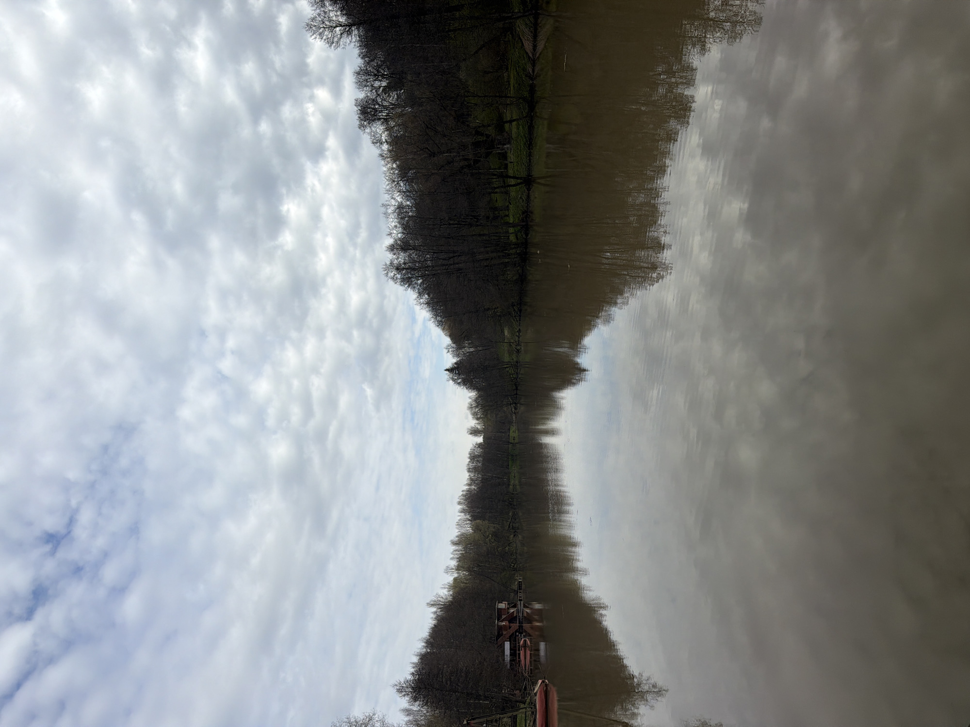 This image captures a serene natural landscape, likely within a park setting in Gorki, Russia, centered around a tranquil body of water, possibly a river or canal. The perspective looks down the length of the waterway, with banks lined by dense vegetation.
The sky is predominantly overcast, filled with a patchwork of grey and white clouds, suggesting a cool or mild day. Although mostly cloudy, hints of brighter sky, possibly blue, can be seen breaking through in some areas.
The water surface is calm, reflecting the cloudy sky and the trees along its banks. The reflections are slightly rippled, indicating minor disturbances on the water. The water itself appears to have a brownish or murky tone.
Both sides of the waterway are densely covered with trees. These trees are mostly deciduous and bare of leaves, indicating late autumn, winter, or early spring. Some patches of green foliage or grass are visible on the banks, particularly closer to the water's edge. The treelines extend far into the distance, creating a natural, seemingly endless corridor along the water.
On the right bank, a wooden structure, possibly a small dock or boathouse, is visible. Several red boats, resembling kayaks or small rowing boats, are either tethered to this structure or resting nearby, suggesting recreational use of the water.
The overall scene is peaceful and quiet, devoid of any visible people or specific events. The bare trees and cloudy sky contribute to a somewhat subdued or melancholic atmosphere. No visible text is present in the image.