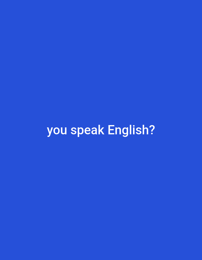 The image shows a solid royal blue background with the text "you speak English?" in white, centered vertically and horizontally. There is no discernible urban or environmental context within the image, and therefore, its location cannot be determined as being in "Unknown, Unknown" or any other specific city. No people, subjects, objects, actions, or interactions are visible.