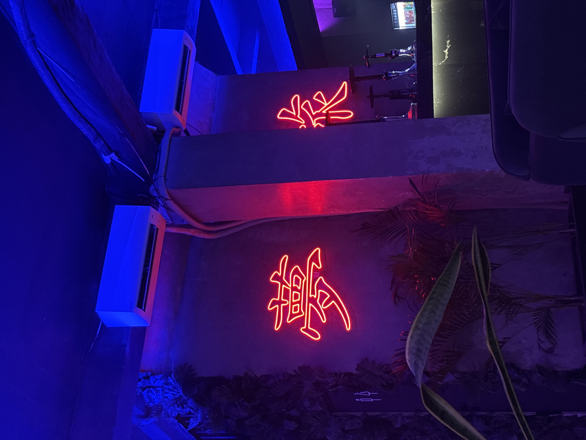 This media file captures an indoor scene, likely a bar, lounge, or club, characterized by a vibrant and atmospheric lighting scheme dominated by deep blue and purple hues. The image is captured in portrait orientation, rotated 90 degrees counter-clockwise.
The primary subjects are two illuminated red neon signs, featuring highly stylized characters resembling Asian script, mounted on a dark, textured wall. The lower neon sign is larger and more distinct, appearing to be the Chinese character "椰" (yē), which means coconut. A smaller, similarly styled neon sign is positioned above it.
Along the same wall, two white split-type air conditioning units are vertically aligned. At the base of the wall, beneath the lower neon sign, dark green foliage, possibly artificial plants, adds a touch of natural texture. A prominent snake plant leaf is visible along the right edge of the frame.
In the upper right section of the image, partially obscured by the dark ambient light, several items are arranged on what appears to be a counter or shelf. These include multiple glass objects that resemble hookah pipes or shisha sets, along with a small, glowing screen displaying unreadable text or graphics, possibly a menu. Part of a dark, upholstered chair or booth seating is also visible on the far right. Overhead, a large structural beam or ceiling element, covered in dark material and bathed in blue light, stretches across the top left.
The scene suggests a nighttime setting in Kuta Selatan, Indonesia, designed for entertainment and relaxation, creating a trendy and modern ambiance. No people are present, focusing attention on the decorative and functional elements of the space.
