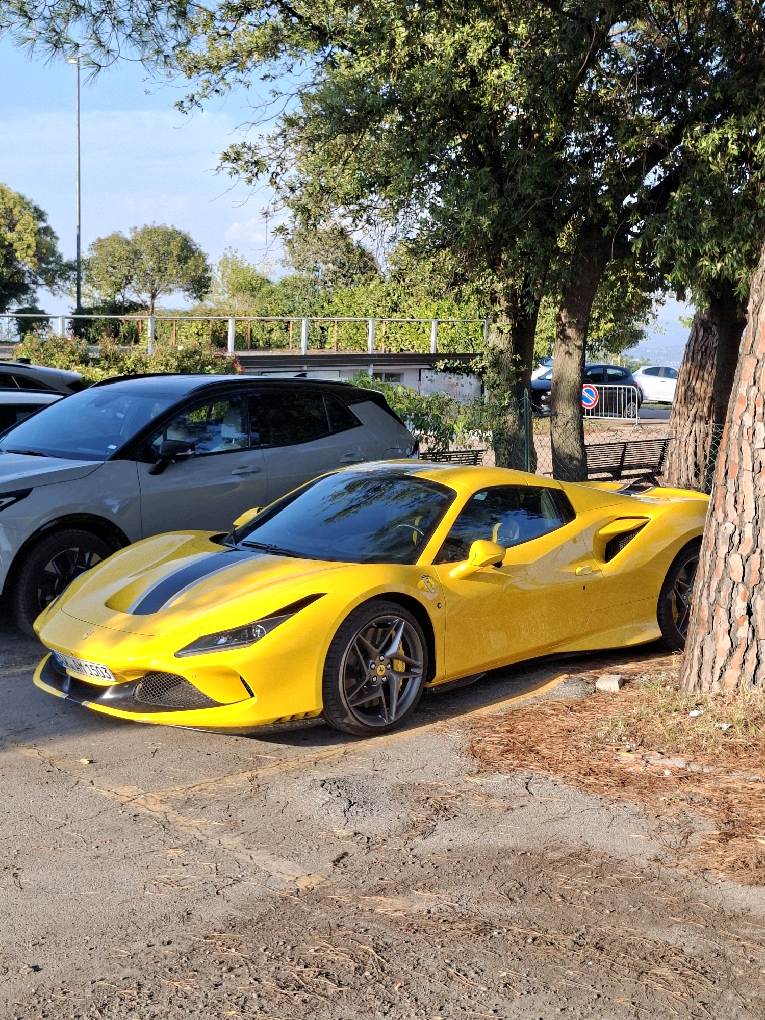 A bright yellow Ferrari sports car is parked next to a silver SUV under a canopy of trees. The Ferrari has black racing stripes on its hood and a low-profile design. The SUV is a modern vehicle with a dark-tinted roof. In the background, there is a white railing, more trees, and a clear blue sky. The ground is paved with asphalt and shows signs of wear. A tree trunk with rough bark is visible to the right of the Ferrari, partially obscuring the car. The scene appears to be a parking area in a scenic location. The overall impression is one of luxury and leisure.
