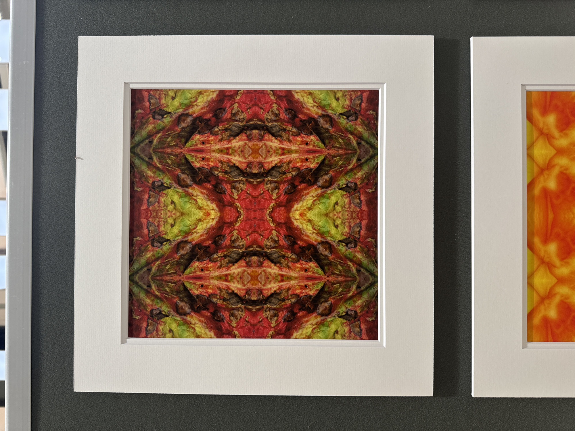 The image shows a framed piece of art with a white mat and frame, hanging on a textured dark gray wall. The artwork itself features a symmetrical, abstract design in vibrant red, yellow, and brown tones. It appears to be a close-up of a natural texture, possibly a leaf or flower petal, digitally mirrored to create a kaleidoscopic effect. The artwork is centered horizontally within the frame. Below this artwork, the top edge of another framed piece of art is visible, also with a white mat and frame, suggesting a gallery or exhibition setting. The overall impression is one of curated display within an indoor space.