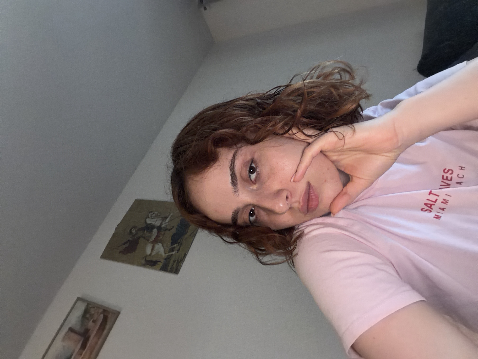 A young woman with reddish-brown curly hair is posing for a selfie indoors. She is wearing a light pink t-shirt with red lettering that says "SALT TVES MIAMI BEACH". Her left hand is resting on her chin, and she is looking directly at the camera. In the background, there are two framed pictures on a light-colored wall. The picture on the left appears to be a landscape or cityscape, while the picture on the right depicts a person riding a horse. The lighting suggests it is daytime, and the overall environment appears to be a domestic setting. There is no indication of Strasbourg, France in this image.