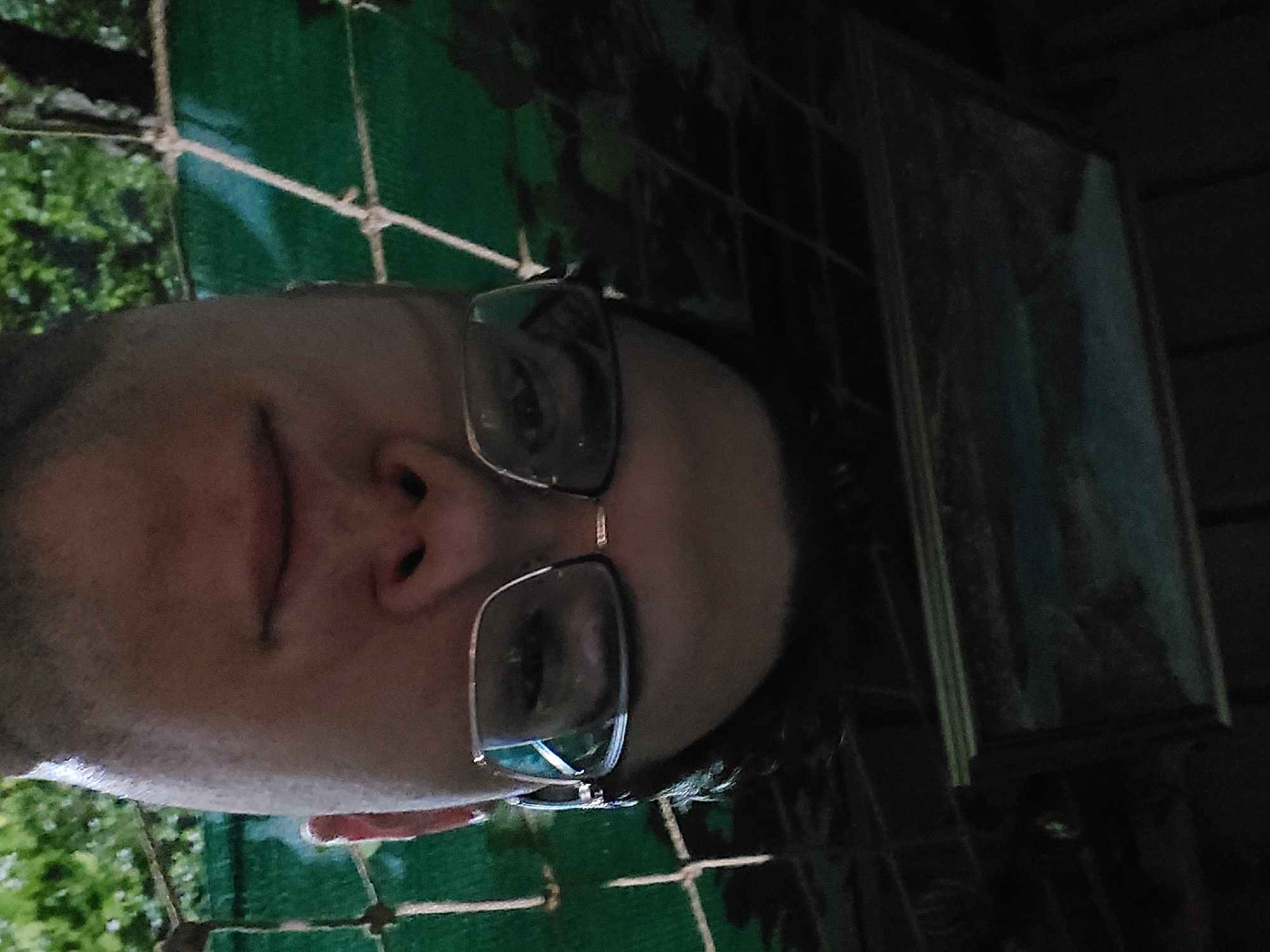 A close-up, rotated view of a person's face wearing glasses is seen against a background consisting of green netting or trellis with leafy vegetation and what appears to be a framed picture. The location is not identifiable as Tashkent, Uzbekistan from this image.