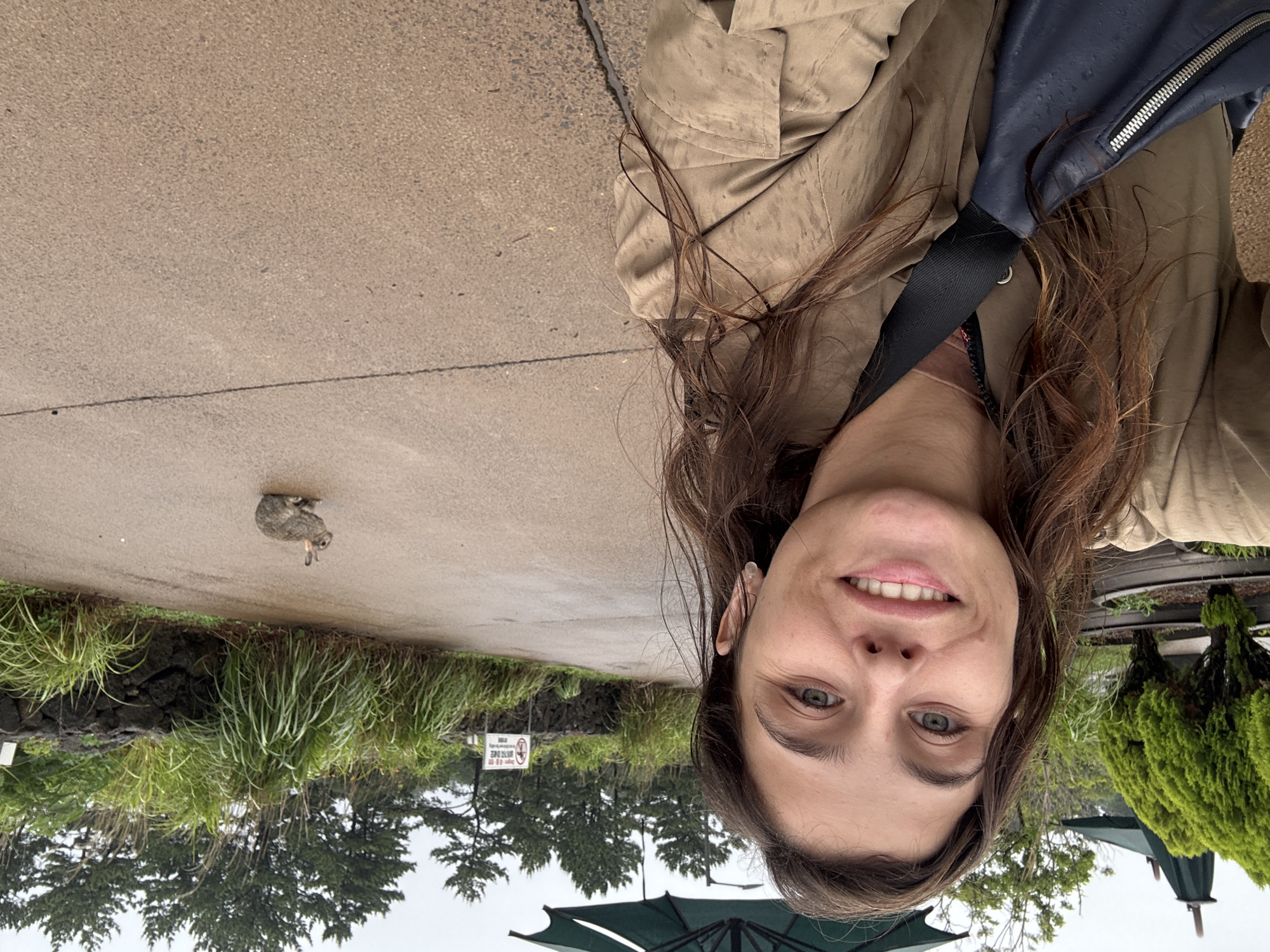 This is a selfie of a woman taken outdoors. She is wearing a light brown jacket and has long brown hair. The background shows a paved path with some greenery, including tall grasses, trees, and bushes. There is also a small rabbit in the middle left of the image, near the grassy area. In the distance, there are more trees and a cloudy sky. The overall mood appears relaxed and casual. The image is oriented sideways.
There are no discernible emotions clearly conveyed, other than a slight smile. No time of day or specific weather details beyond the overcast sky are evident. The location context is Seogwipo-si, South Korea, but there are no specific visual cues in the image itself that confirm this. One visible sign in the background appears to be a regulatory sign, possibly related to park rules, but the text is too small to read clearly.