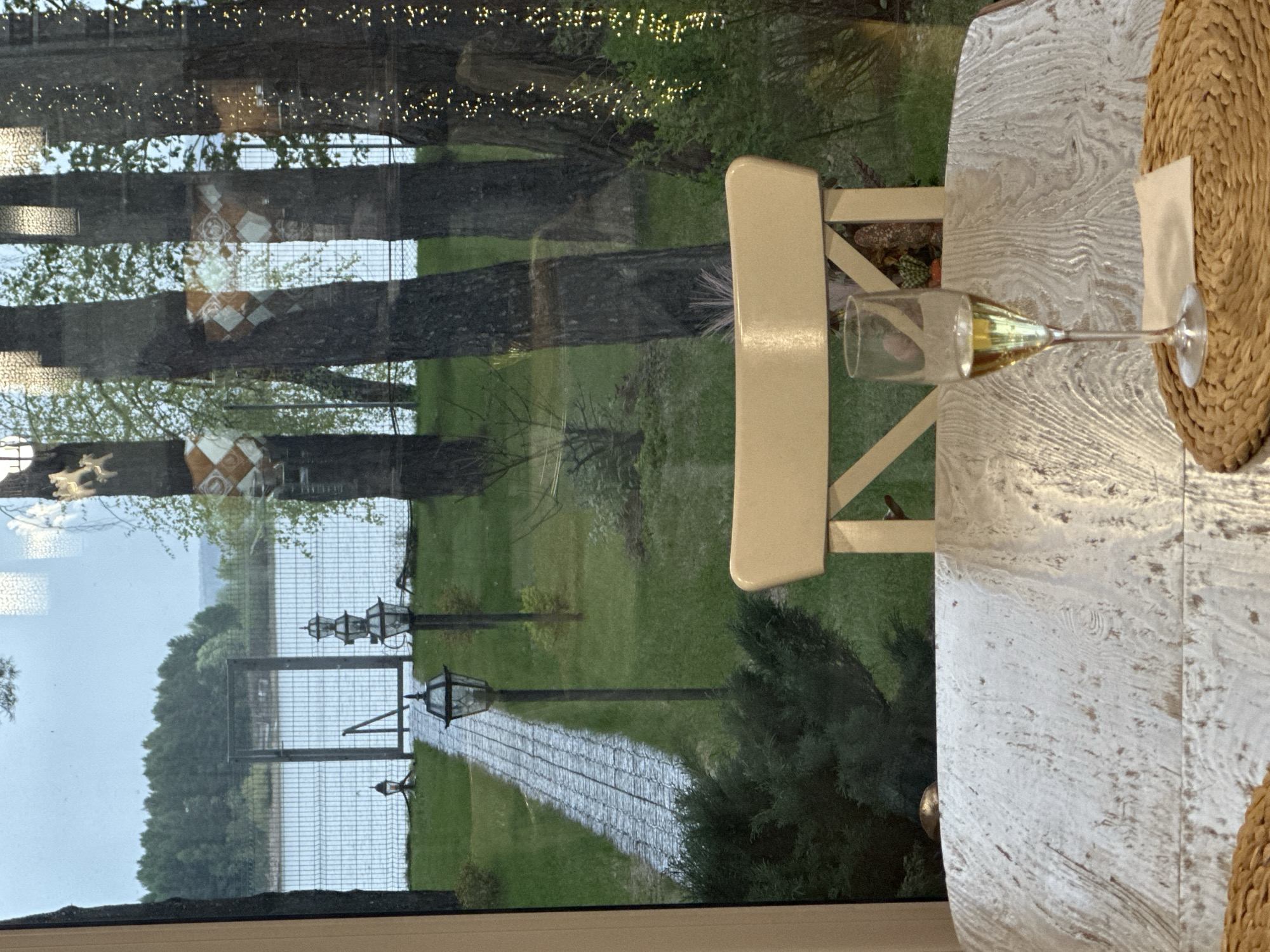 A view through a window captures a picturesque outdoor scene juxtaposed with elements of a dining setup. Outside, a pathway lined with vintage-style lampposts leads towards a body of water, possibly a lake or river. Trees frame the scene, some adorned with what appears to be string lights and decorative emblems, suggesting an Aviator, Russia park or outdoor event space.
Indoors, a weathered white wooden table dominates the foreground. A wicker placemat holds a neatly folded napkin, and a partially filled wine glass sits nearby. A beige wooden chair is situated adjacent to the table, completing the impression of an intimate dining setting with a scenic view.