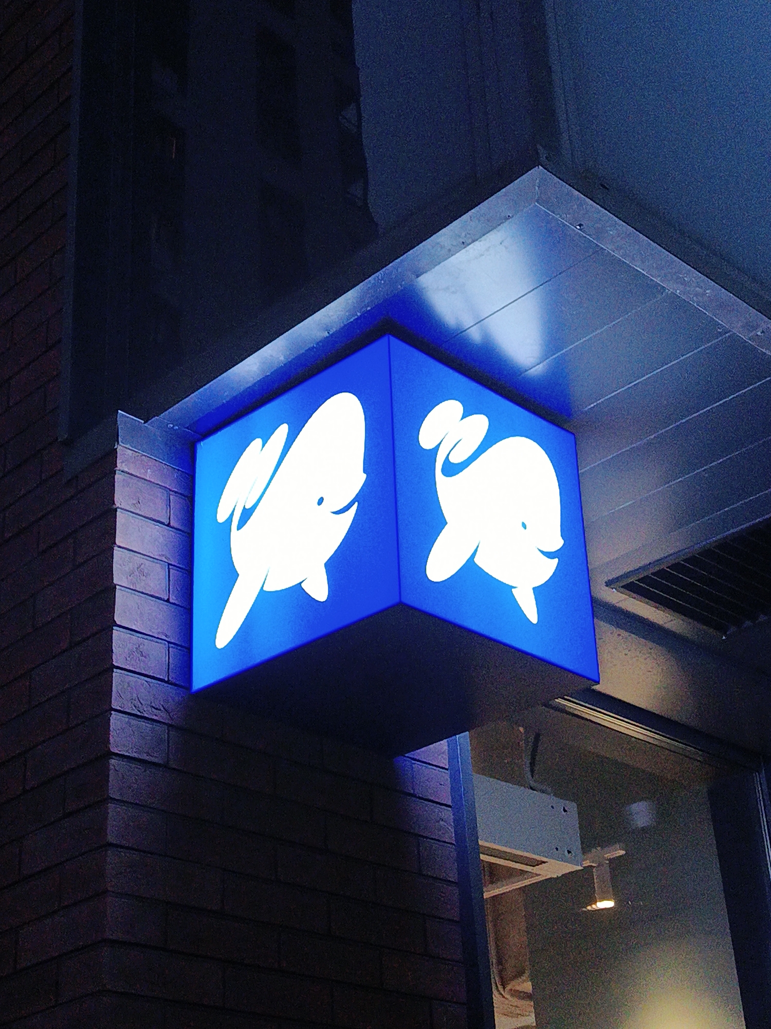 A blue cubic sign with a white stylized whale logo is mounted on the corner of a building. The building is brick on the side where the sign is mounted and appears to be a commercial building with a glass door or window adjacent to the sign. A light fixture is visible through the glass. The location is Moscow, Russia.