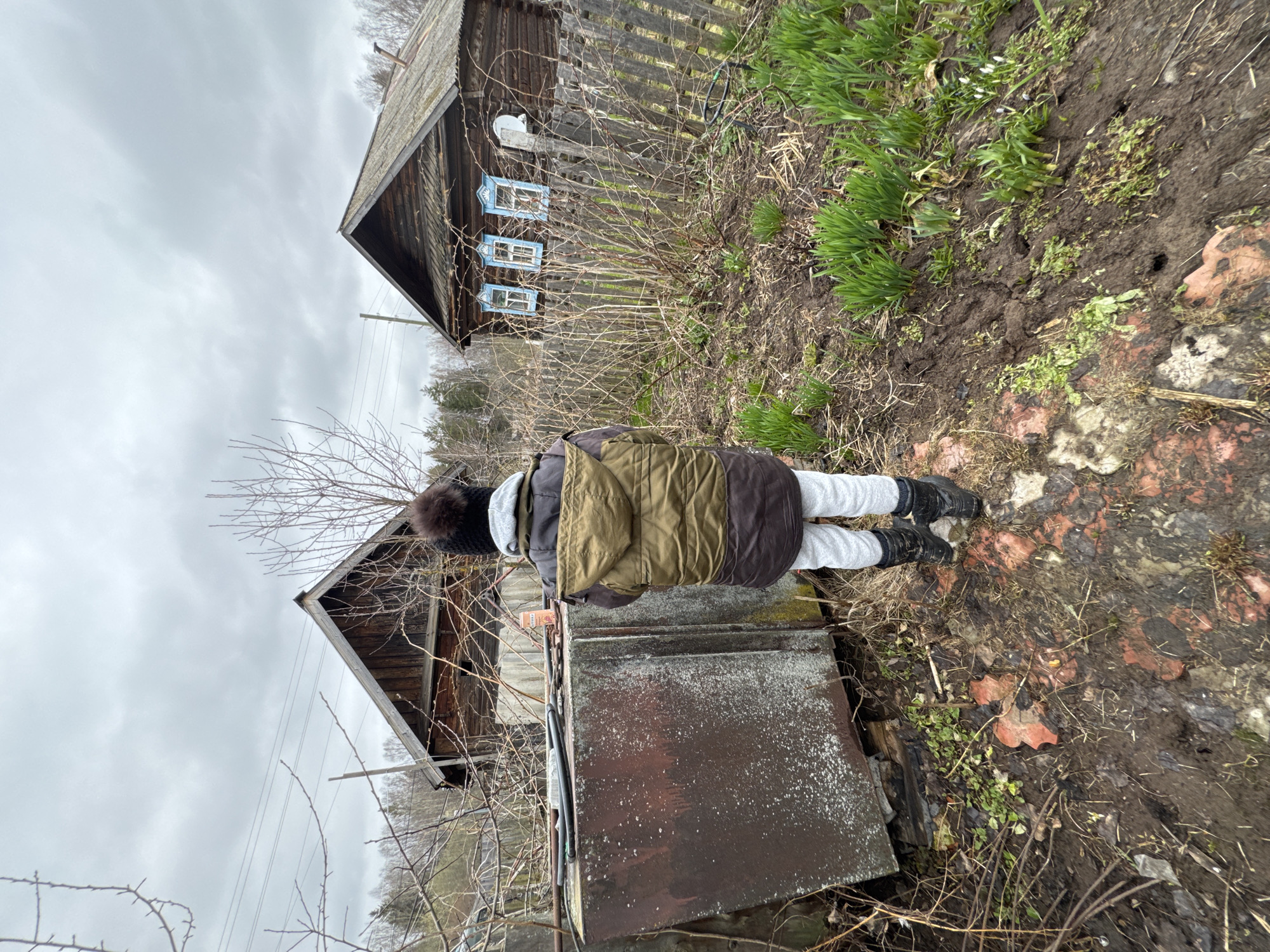 This outdoor photograph depicts a rural scene, likely in early spring, under an overcast sky in Вассята, Russia. In the foreground, a person is seen from behind, facing away from the camera. They are dressed in a dark jacket with an olive-green quilted vest, light grey sweatpants, black boots, and a dark, possibly fur, hat. The person stands beside a large, rusted metal container or structure on the left side of the frame.
The ground is muddy and uneven, covered with patches of dry grass and emerging green plants, indicating early spring growth. Beyond the person and the metal object, a wooden fence is visible, with numerous bare tree branches in front of it. Behind the fence, an old, rustic wooden house with distinctive blue-painted window frames stands prominently. Another similar wooden house is partially visible further in the background to the right.
The sky above is uniformly grey and cloudy, with bare tree branches silhouetted against it. Faint power lines run across the upper left section of the image. The scene suggests a quiet, traditional village setting, characterized by its wooden architecture and the transitional phase of nature from winter to spring. No specific activity is occurring beyond the person standing, and no visible text can be discerned.