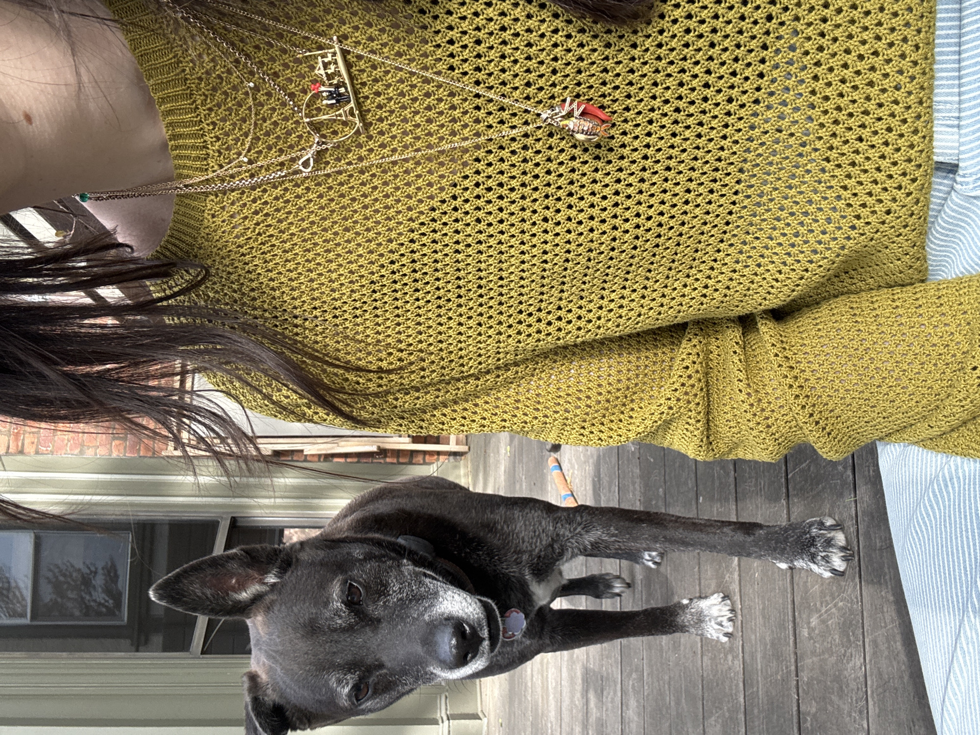 The image shows a person wearing a green, knitted sweater and multiple gold necklaces with charms, including one with an Eiffel Tower design. The person's dark hair is visible in the corner. Below, a black dog with graying muzzle lies on a wooden deck. In the background, there's a window and a glimpse of a brick wall. The location isn't discernable from the image, so I cannot say it's in the city of New York, United States of America.