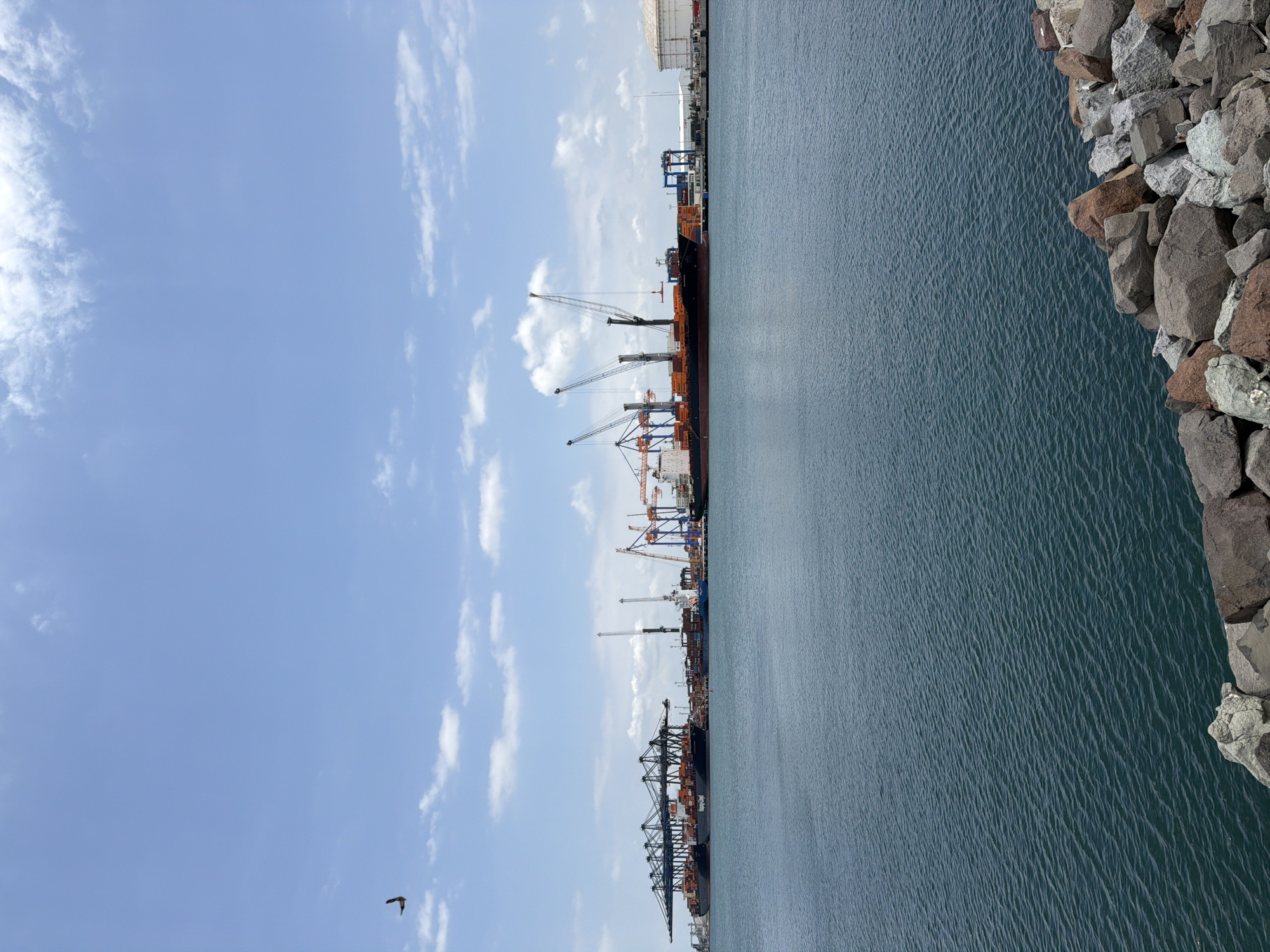 The image shows a harbor in Veracruz City, Mexico. The view includes a clear, partly cloudy sky and blue water on the right, edged by a rocky shoreline. In the middle of the image, there are container ships docked, with cranes loading and unloading cargo. The presence of the large ships and cranes indicates a busy port facility. A bird is visible in the sky.
