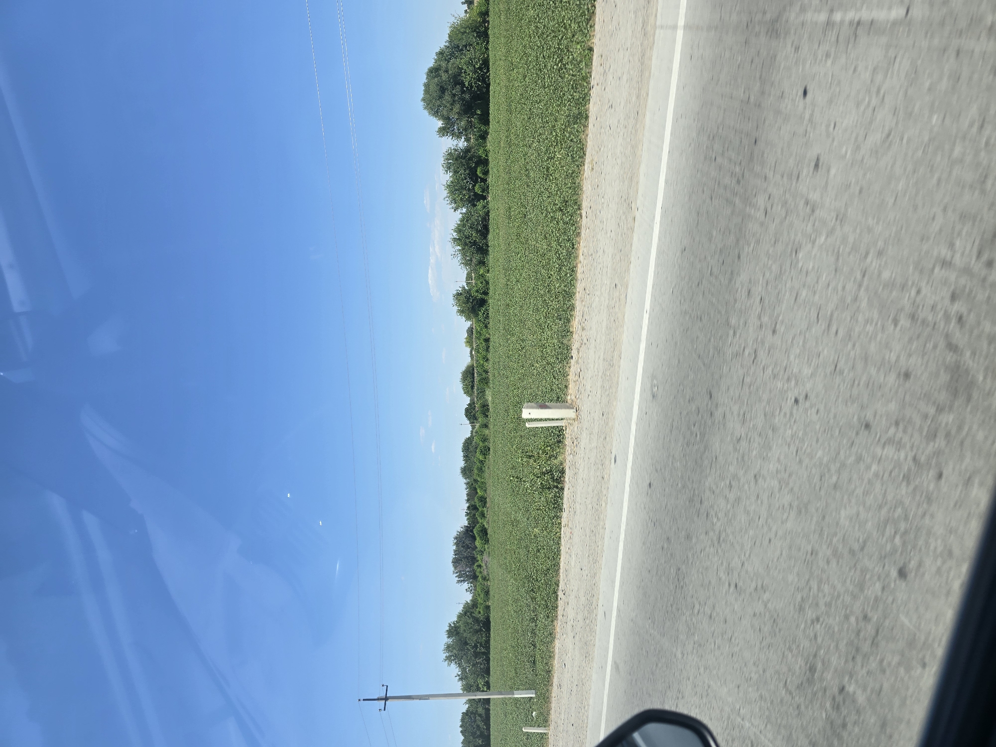 The image shows a rural landscape under a clear blue sky, likely taken from a vehicle traveling along a paved road. In the foreground, the asphalt road with a white stripe is visible, along with a portion of a car's side mirror and interior. Beyond the road, a vast field of lush green crops stretches horizontally across the frame. The crops appear to be short, dense, and uniformly planted, suggesting a cultivated agricultural area. A row of trees and other vegetation borders the field in the middle ground, with a utility pole visible on the left side of the image. The overall environment suggests a sunny day in a rural or agricultural region. There are no people or animals visible in the frame. The location is identified as Dehcha, Uzbekistan.