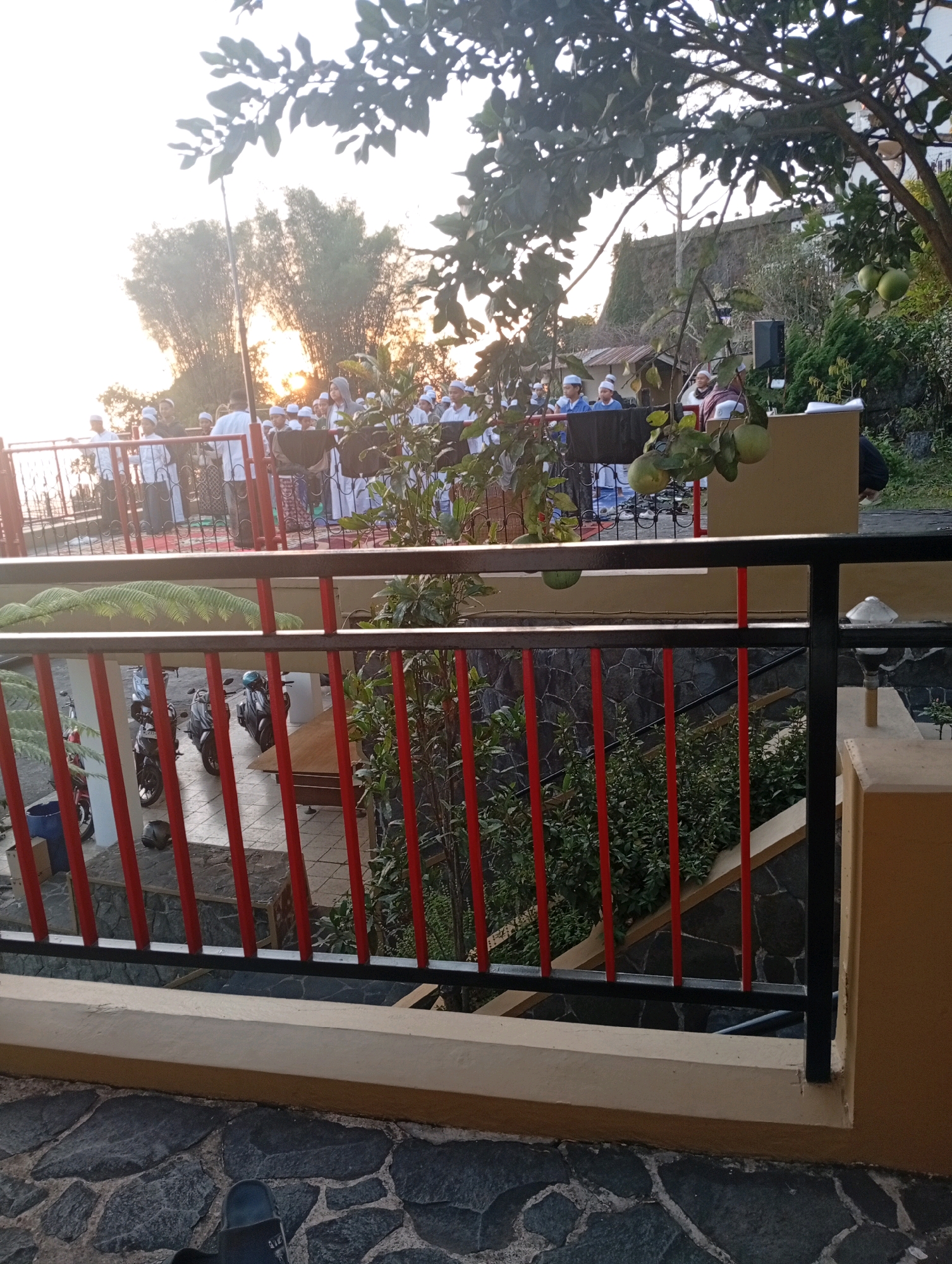In Prigen, Indonesia, at sunrise, a group of Muslim men, predominantly young and wearing white koko shirts and peci caps, are gathered outdoors for what appears to be a prayer or religious gathering. They are arranged in rows on a carpeted area, facing towards the east where the sun is rising, casting a warm glow. Some are standing, while others are in a kneeling or prostrating position. A speaker or sound system is visible on the right, suggesting a sermon or recitation.
In the foreground, a balcony railing with black metal bars and red vertical supports separates the viewer from the gathering. Below this railing, a paved walkway with dark, irregularly shaped stones leads to a section of the building with a tan-colored wall and more stone tiling. In the background, behind the gathering, there is a lush green hillside dotted with trees and vegetation. The overall atmosphere is peaceful and spiritual, with the natural beauty of the surroundings complementing the religious observance.