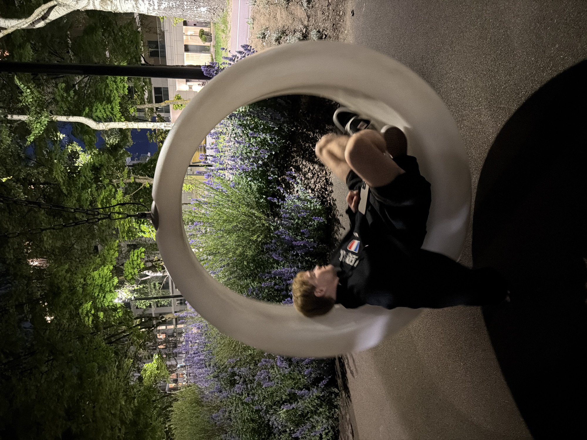 The image displays a nighttime scene within an urban park in Minsk, Belarus. A young adult male with light brown hair is reclined horizontally on a large, off-white, circular swing suspended by chains. He is dressed in a black hooded sweatshirt featuring a multi-colored emblem on the chest, black shorts, and black and white sneakers. Both the swing and the individual show motion blur, indicating active movement. The ground directly beneath the swing consists of a dark, speckled paved surface. The immediate surroundings are characterized by dense beds of low-lying bushes adorned with small purple flowers. In the background, lush green trees, illuminated by artificial light, partially obscure modern multi-story buildings with numerous lit windows. A prominent streetlight is visible through the foliage towards the right side of the frame.