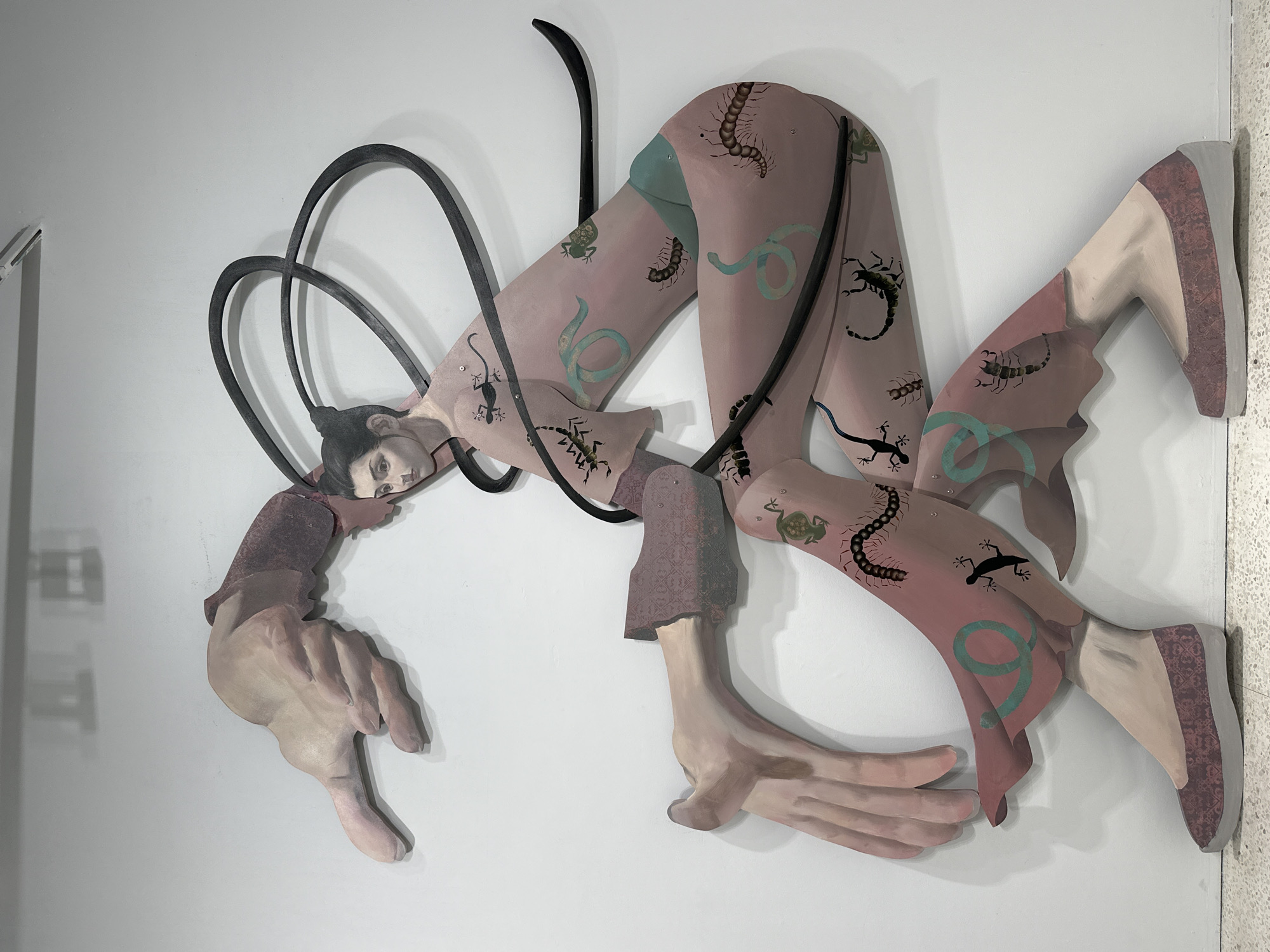 A full shot depicts an abstract, mixed-media wall art piece. The artwork features a fragmented human figure, rendered in muted pinks and browns, with depictions of creatures like scorpions, centipedes, lizards, and snakes printed across its limbs. The figure seems to be positioned as if suspended, or mid-motion. The head of the figure is in profile with a serious facial expression. One hand points downward. Metal loops form a halo-like structure behind the head. The piece is mounted on a white wall. The style suggests it is located in a gallery or exhibition setting. The city of Banan, China, is not discernible from the image.