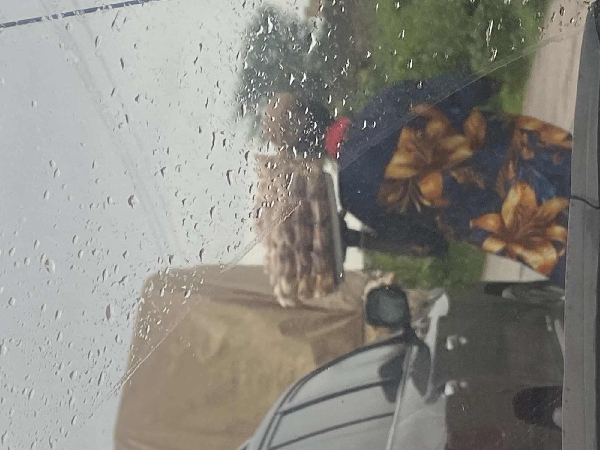 The image shows a person wearing a floral-patterned garment and a red head covering standing beside a dark-colored vehicle. The person is holding a tray of food items, possibly baked goods, balanced on their head. In the background, a large object covered with a tan tarp is visible, and beyond that, trees and foliage suggest a rural or semi-urban environment. The foreground is dominated by the windshield of a vehicle, on which numerous raindrops are present, indicating it is raining. The scene is set in Keffi, Nigeria.