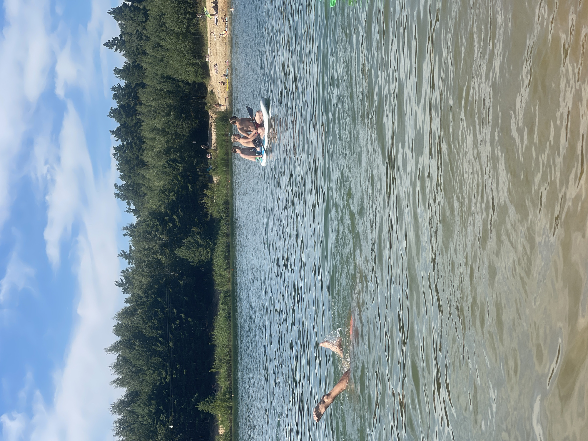 The image depicts a body of water with a wooded shoreline under a partly cloudy sky. In the foreground, a person is partially submerged in the water, with their legs and feet visible above the surface. In the mid-ground, three young males are seated on a paddleboard on the water. In the background, a sandy beach area is visible with several people sunbathing and standing. A dense line of evergreen trees forms the backdrop along the shoreline. The overall scene suggests a recreational area on a warm, sunny day. The specific location is identified as Рыбхоз, Russia.