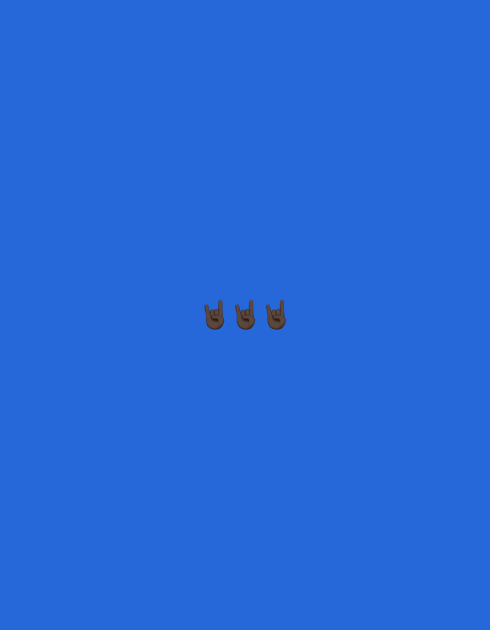 The image is a close-up, eye-level shot of three brown rock on hand emojis in the center against a solid royal blue background.