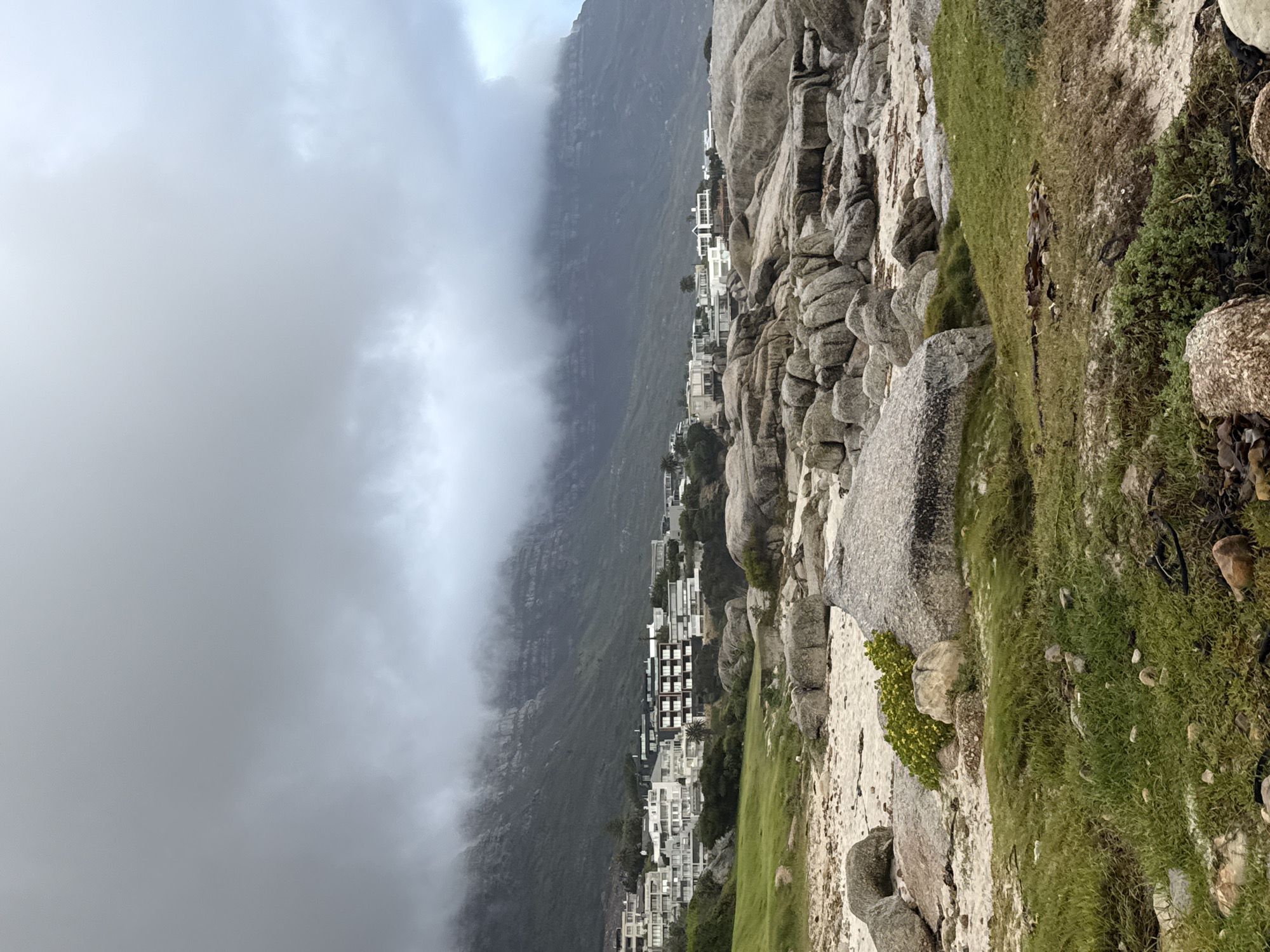 The image captures a scene in Cape Town, South Africa, likely near the coastline. Mountain is partially obscured by heavy cloud cover. Along the base of the mountain are buildings that appear to be residential or commercial properties. The foreground consists of a rocky terrain covered with patches of grass and sparse vegetation. The image is taken from a slightly elevated position, looking towards the mountain and buildings. The overall impression is a landscape blending urban development with the rugged natural environment.
