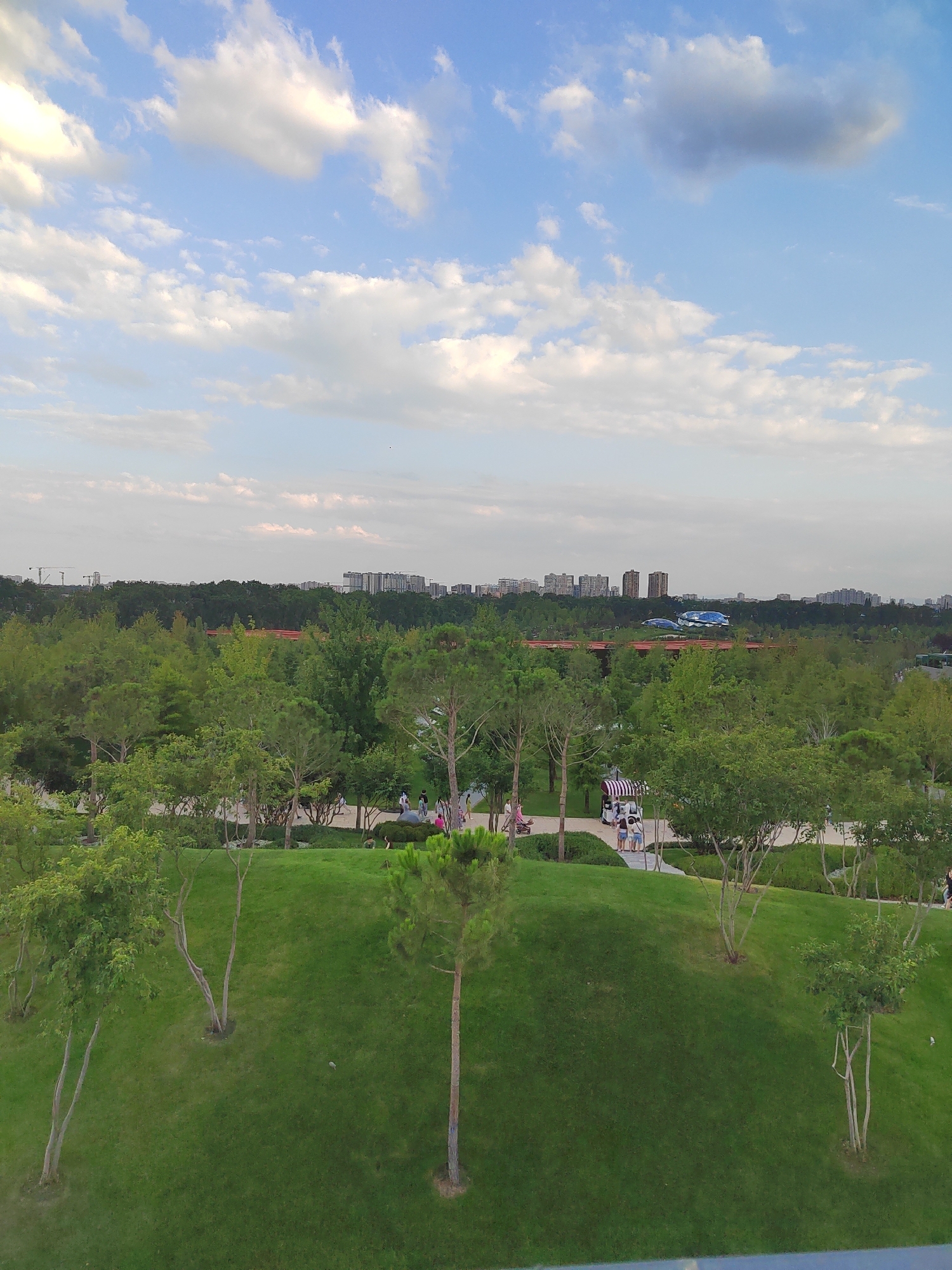 The image depicts a lush green park with a gentle slope in the foreground, dotted with young trees. A paved pathway winds through the park, with several people walking along it. In the middle ground, a few kiosks are visible, one with people gathered around it. Beyond the park, a dense line of trees forms a verdant border, behind which a city skyline rises, characterized by numerous multi-story buildings and some construction cranes. The sky above is a vibrant blue, partially obscured by scattered white clouds. The scene appears to be a public park, likely in an urban or suburban area.