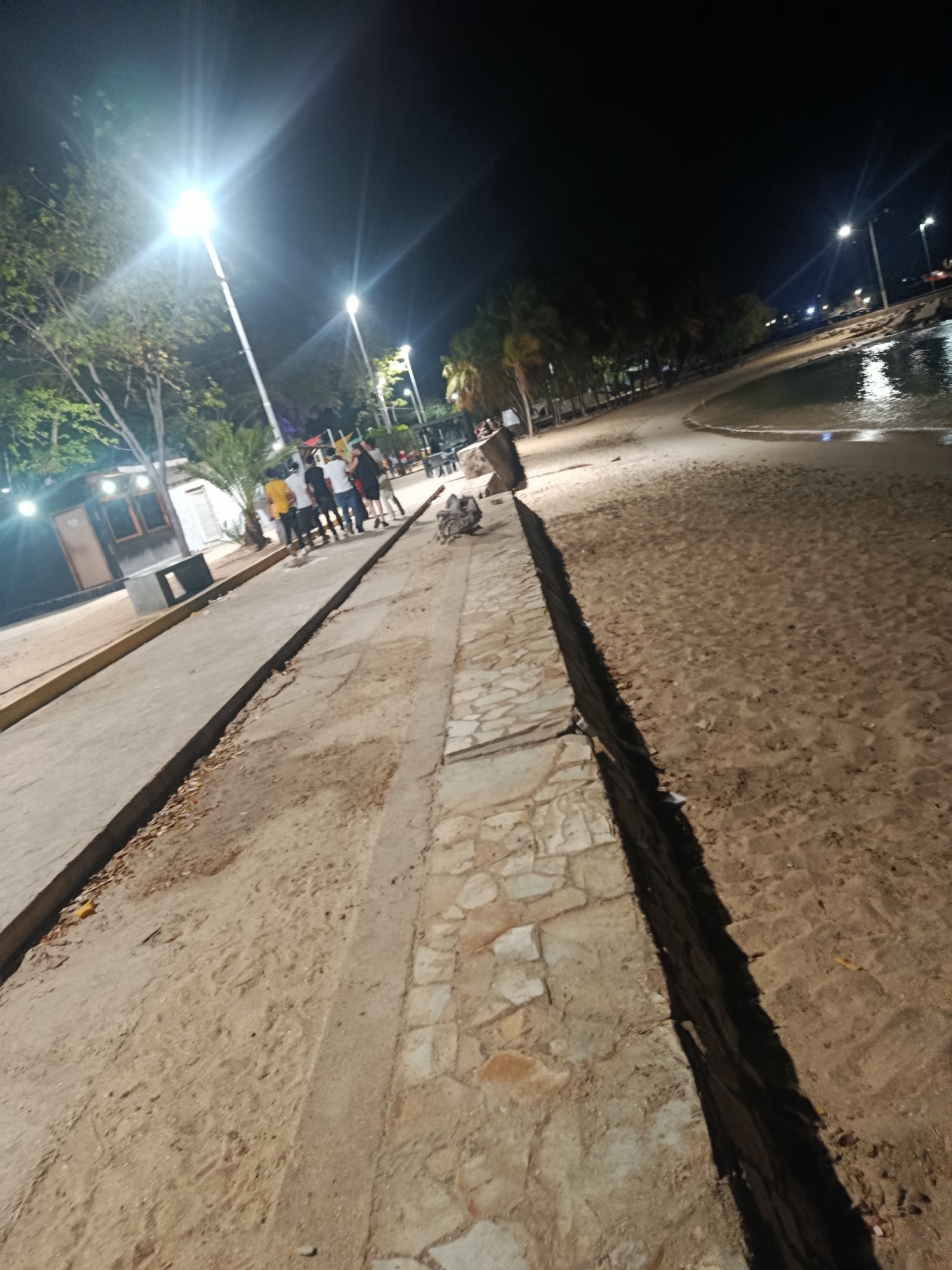 The image captures a nighttime scene along a beach in Juan Griego, Venezuela. To the left, a concrete walkway runs parallel to the beach, illuminated by several bright streetlights. A small building or kiosk with lit windows is adjacent to the walkway, along with a bench.
A group of people is standing near the building, engaging in conversation. They are dressed in casual attire.
To the right of the walkway is a stone wall separating it from the sandy beach, which extends towards the water. The beach is mostly empty. The water is visible in the distance, reflecting the light. Several palm trees are nearby.