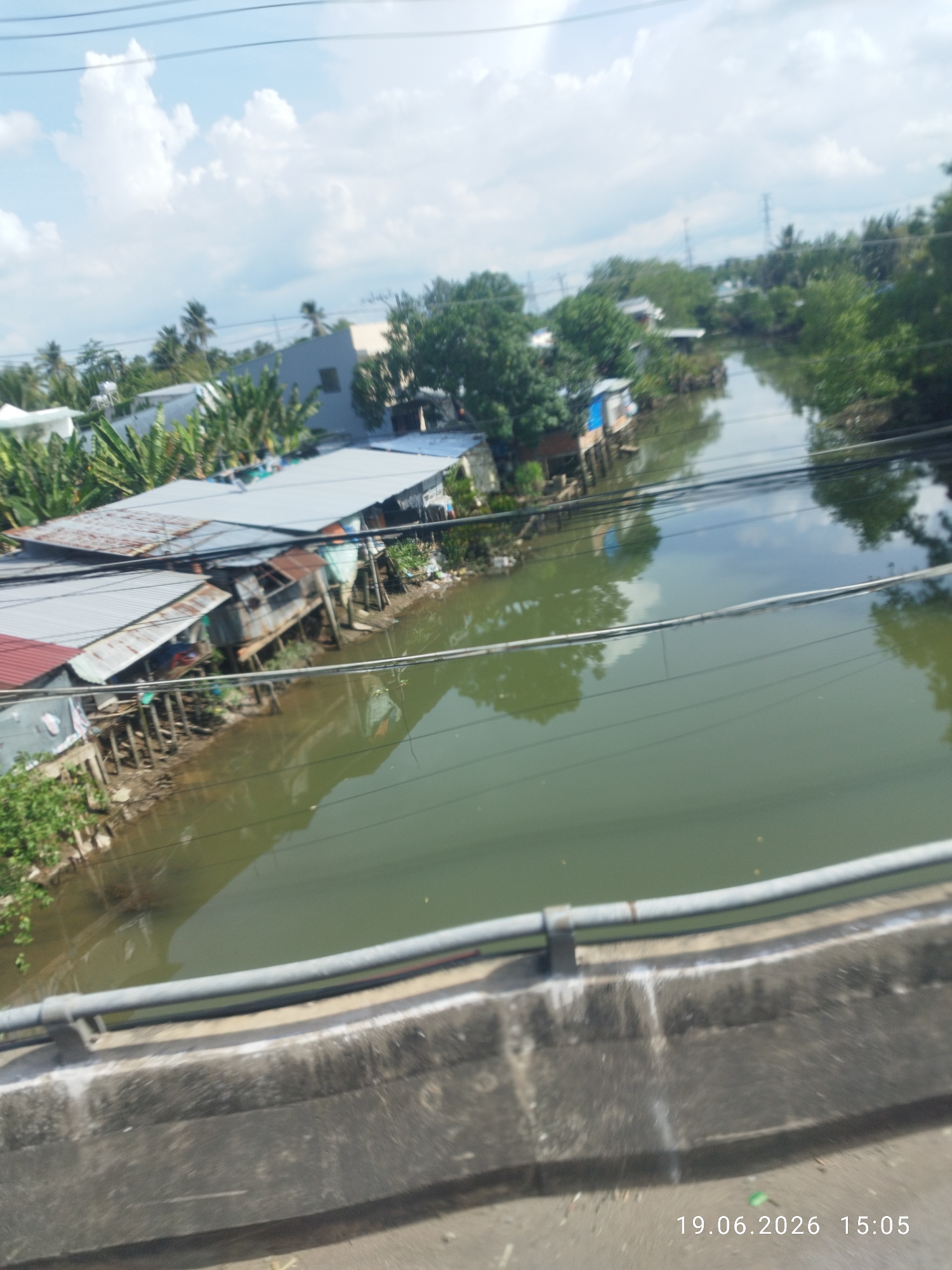 The image captures a scene in Cái Tàu Hạ, Vietnam, focusing on a body of water, likely a canal or river, with structures built along its banks. The water is murky green and reflects the sky and surrounding vegetation. On the left bank, a series of stilt houses with corrugated metal roofs are visible. Some of these structures appear weathered, with exposed wooden stilts supporting them. Dense green vegetation, including trees and what appear to be banana plants, grows in front of and around the houses. The sky above is partly cloudy with bright white cumulus clouds against a pale blue background. Power lines are visible strung across the scene, intermittently crossing over the water and the buildings. In the background, more trees and some taller structures, possibly utility poles, can be seen. The foreground shows a concrete embankment or bridge railing, with a textured grey surface. A timestamp in the lower right corner reads "19.06.2026 15:05". No people are clearly discernible in the image. The overall impression is of a semi-rural or suburban riverside settlement.