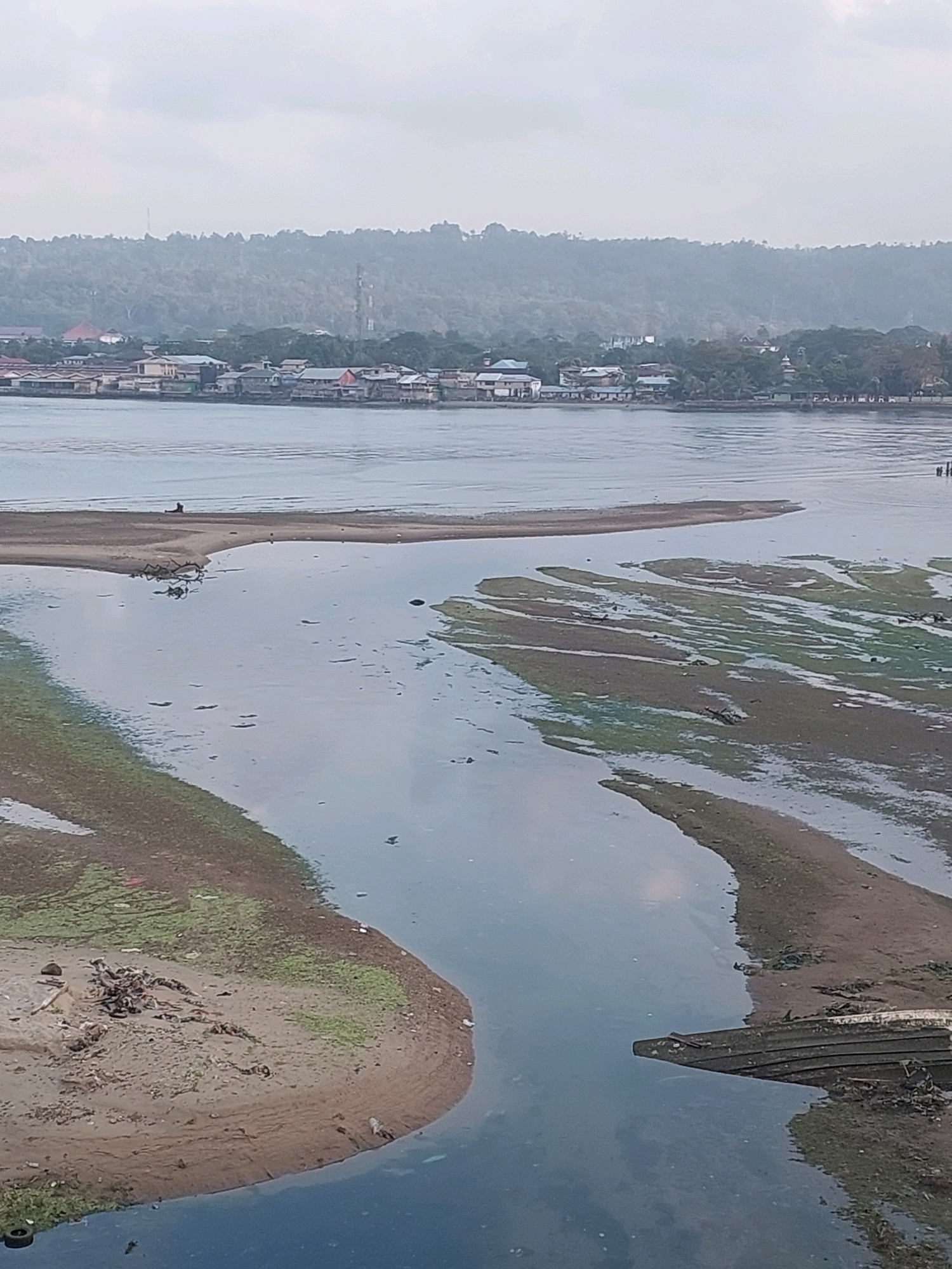 This image depicts a coastal view of Ambon City, Indonesia, with a prominent river or bay in the foreground and a densely populated shoreline backed by a forested hill in the background. The water is calm, reflecting the overcast sky. Sandbars, some with patches of green algae, are visible in the water, suggesting a low tide. A single person is standing on one of the sandbars. Along the shoreline, a cluster of buildings, likely houses and small businesses, are densely packed. The buildings have various roof colors, including red and white. The hill in the background is covered in trees and appears hazy, possibly due to fog or pollution. Several telecommunication towers are visible on the hill. The overall impression is of a lived-in coastal environment, possibly a residential or fishing community, with the natural landscape meeting the urban development.