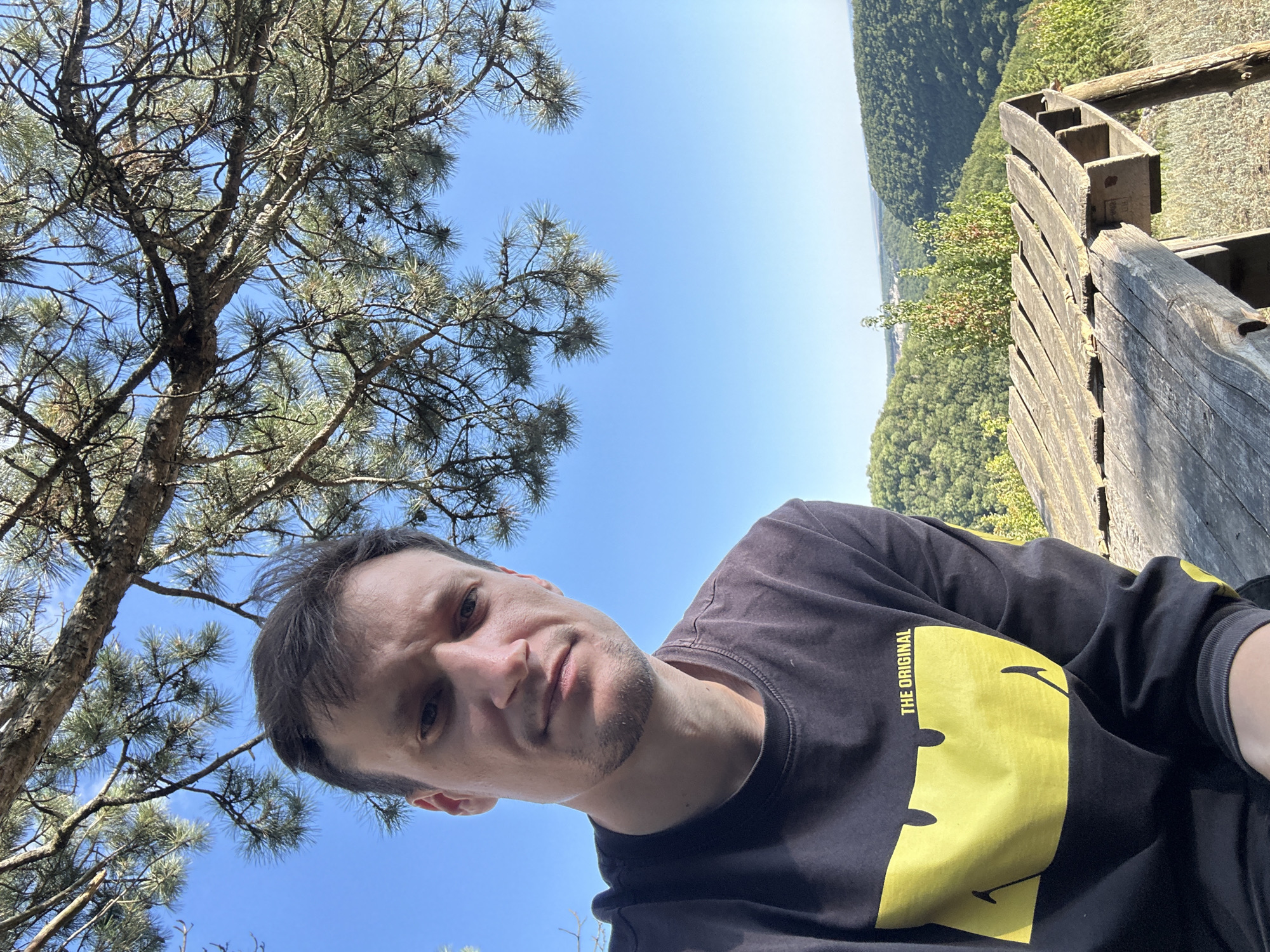 A man takes a selfie outdoors, with a backdrop of a lush, green forest and a clear blue sky. He is wearing a black t-shirt with a prominent yellow graphic and text that reads "THE ORIGINAL". The image is shot from a low angle, with the man's face filling the foreground, looking towards the camera with a neutral expression. To the right of the man, a wooden railing is visible, suggesting he is at an overlook or a scenic viewpoint. The sun is high in the sky, indicating it is likely daytime. The natural setting implies a moment of leisure or travel. The overall mood is relaxed and casual. No specific event is discernible, but the scene evokes a sense of enjoying nature and a picturesque landscape.