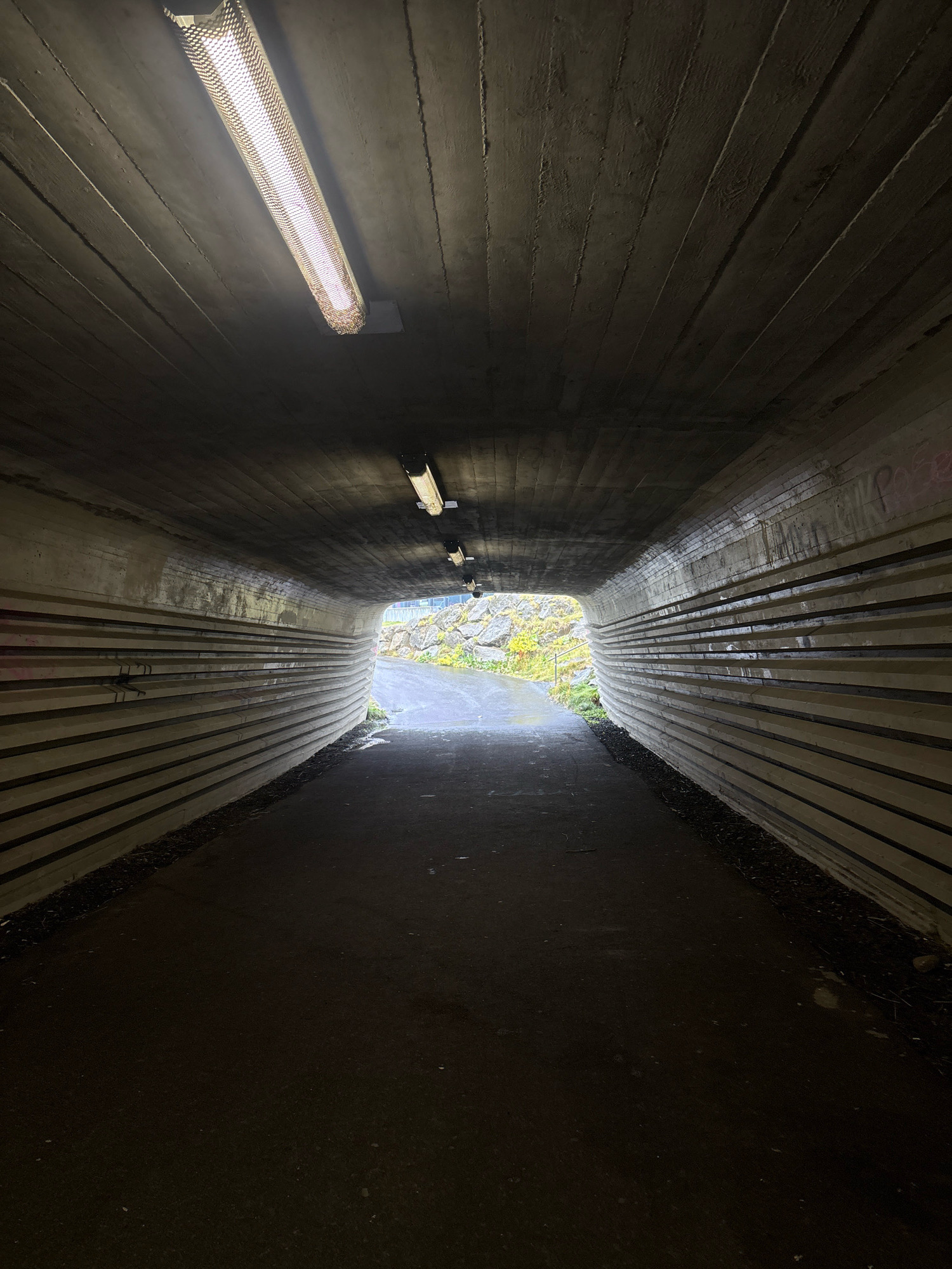 The image shows a concrete pedestrian underpass in Kopavogur, Iceland. The tunnel has a dark, asphalt path running through it, with textured concrete walls and a concrete ceiling. Several fluorescent lights are mounted on the ceiling, illuminating the interior. The tunnel opens to a view of a rocky area with some vegetation and a paved path. The overall impression is one of a functional, utilitarian passage, typical of urban infrastructure. There are no people or animals visible in the image.