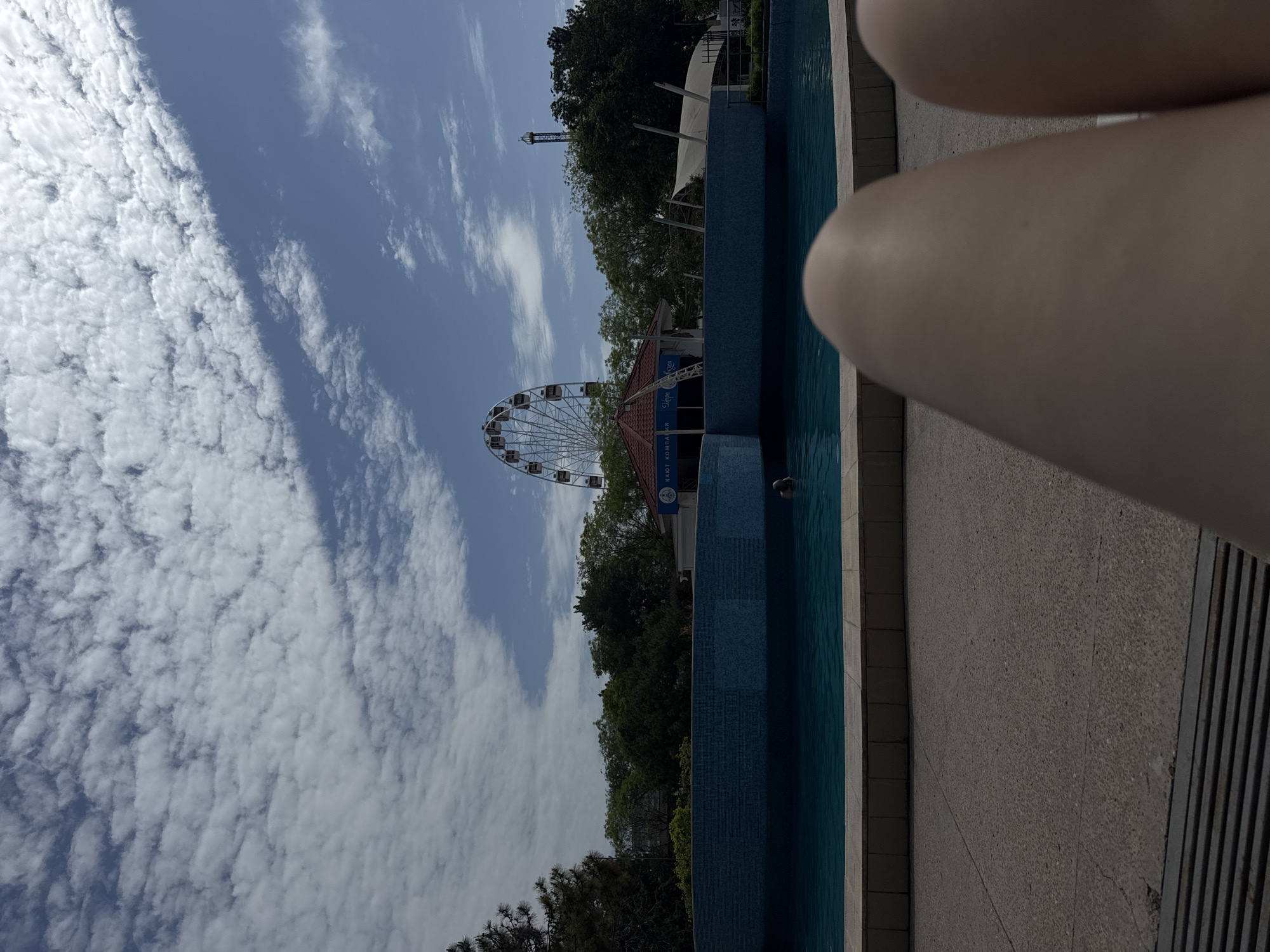 The image is taken from a high vantage point, likely near a pool, overlooking a scene in Yevpatoriya, Ukraine. The foreground shows a pool with blue tiled edges. The photographer's legs are visible, obscuring a part of the image.
In the midground, a large Ferris wheel is prominently featured, indicating an amusement park or recreation area. There are trees and buildings surrounding the Ferris wheel.
In the background, a partially cloudy sky is visible.