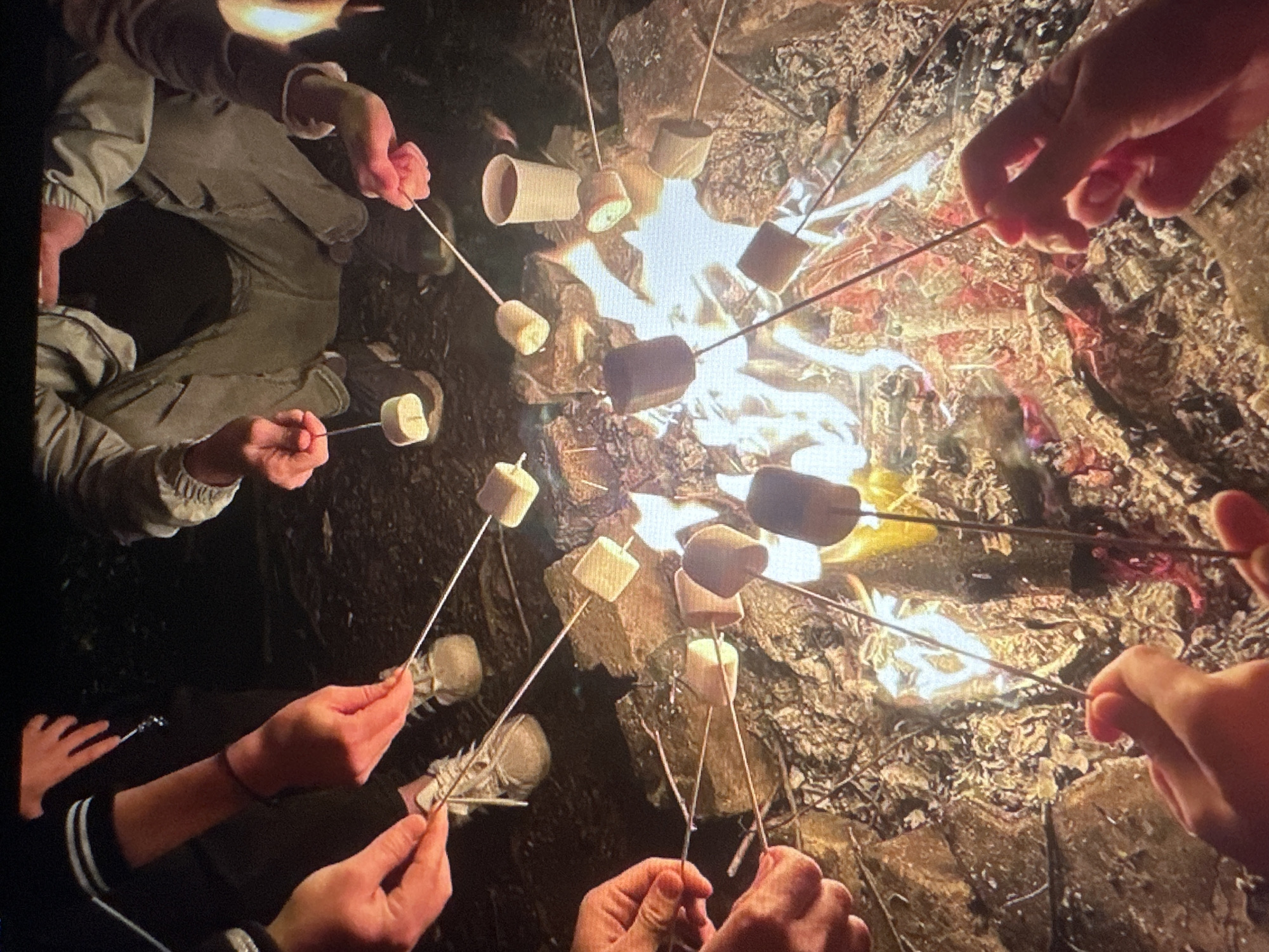 The image shows a group of people roasting marshmallows over a campfire in what appears to be a wooded area at night. Multiple hands are visible, holding metal skewers with marshmallows being held over the flames. The fire is burning in a pit surrounded by rocks and dirt. The people are wearing casual clothing, including jackets and sneakers. A white paper cup is also visible near the fire. The scene suggests a recreational outdoor activity, possibly a camping trip or a bonfire gathering. The location is not specified as being in Tallinn, Estonia.