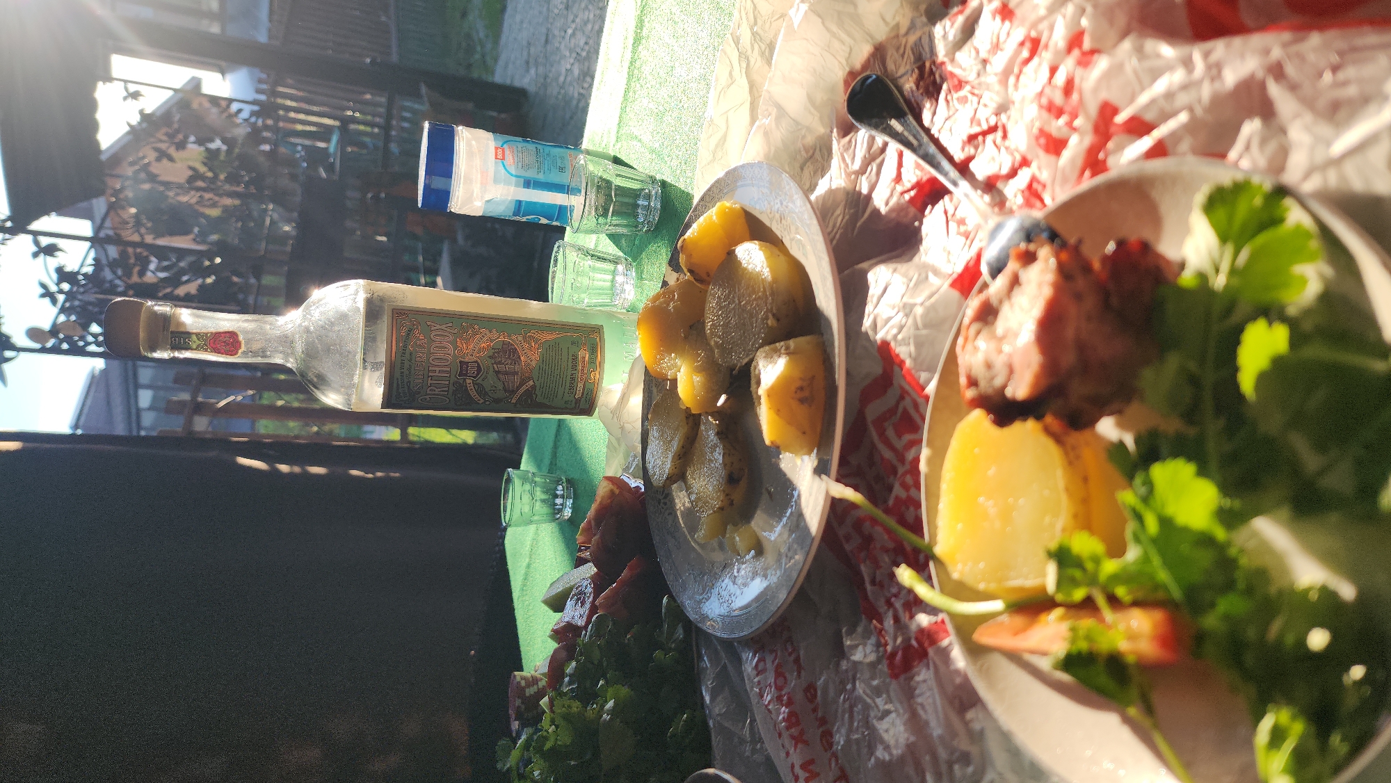 The image shows a table set with food and drinks in what appears to be an outdoor setting. There is a bottle of "Sibirskaja Orthodox" vodka, along with glasses and a bottle of water. Two plates are visible, one containing potatoes and another with meat, potatoes, tomatoes, and parsley. The table is covered with a green cloth and a red-and-white patterned material. The background reveals foliage and a fence, suggesting the location is a garden or patio. The city location of Рыбхоз, Russia is provided.