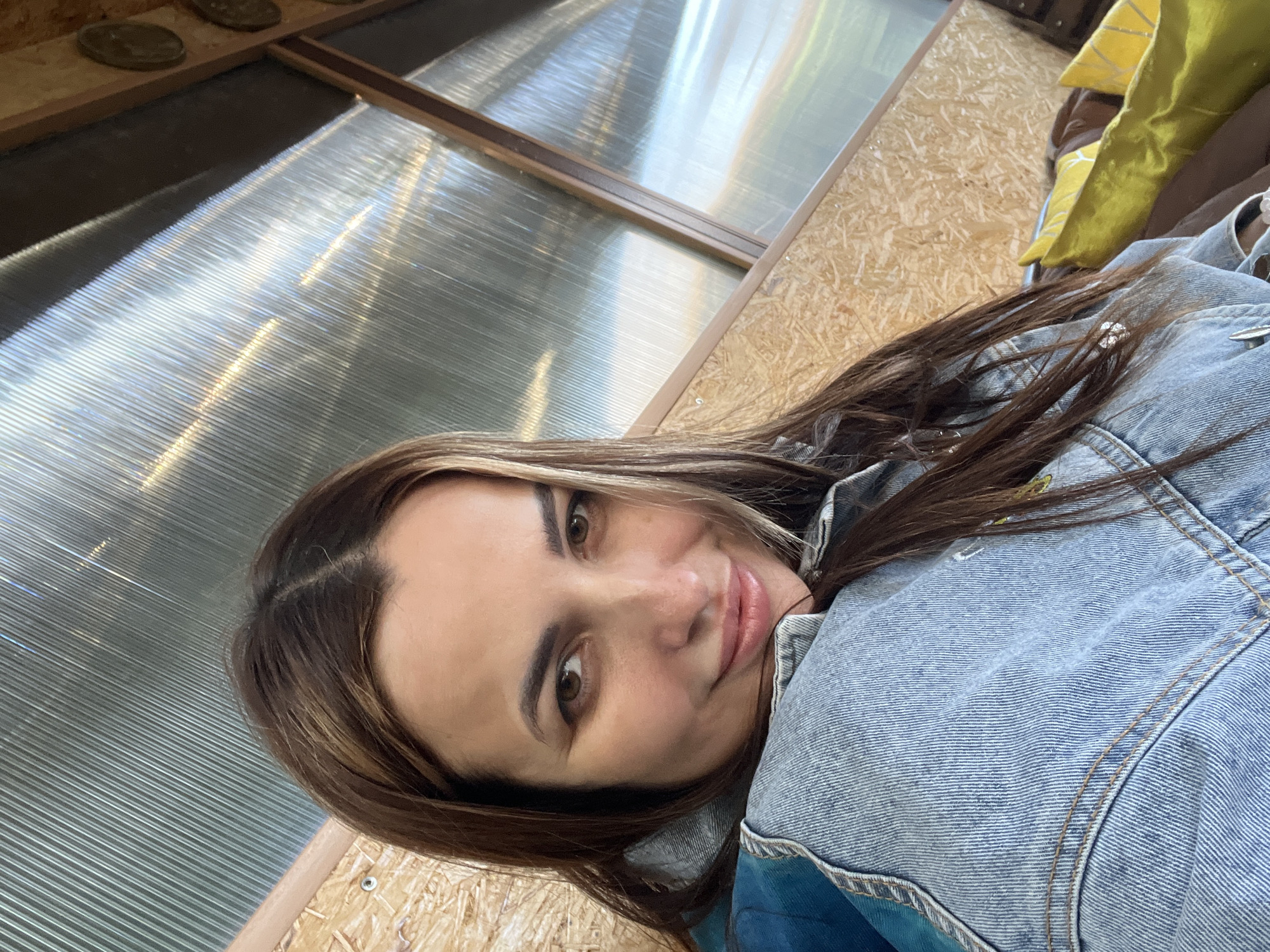 A woman with light brown hair and a denim jacket is pictured inside a structure with translucent corrugated roofing panels and wood paneling. The woman is smiling and facing the camera, her head tilted slightly. The building appears to be a sunroom or enclosed porch.