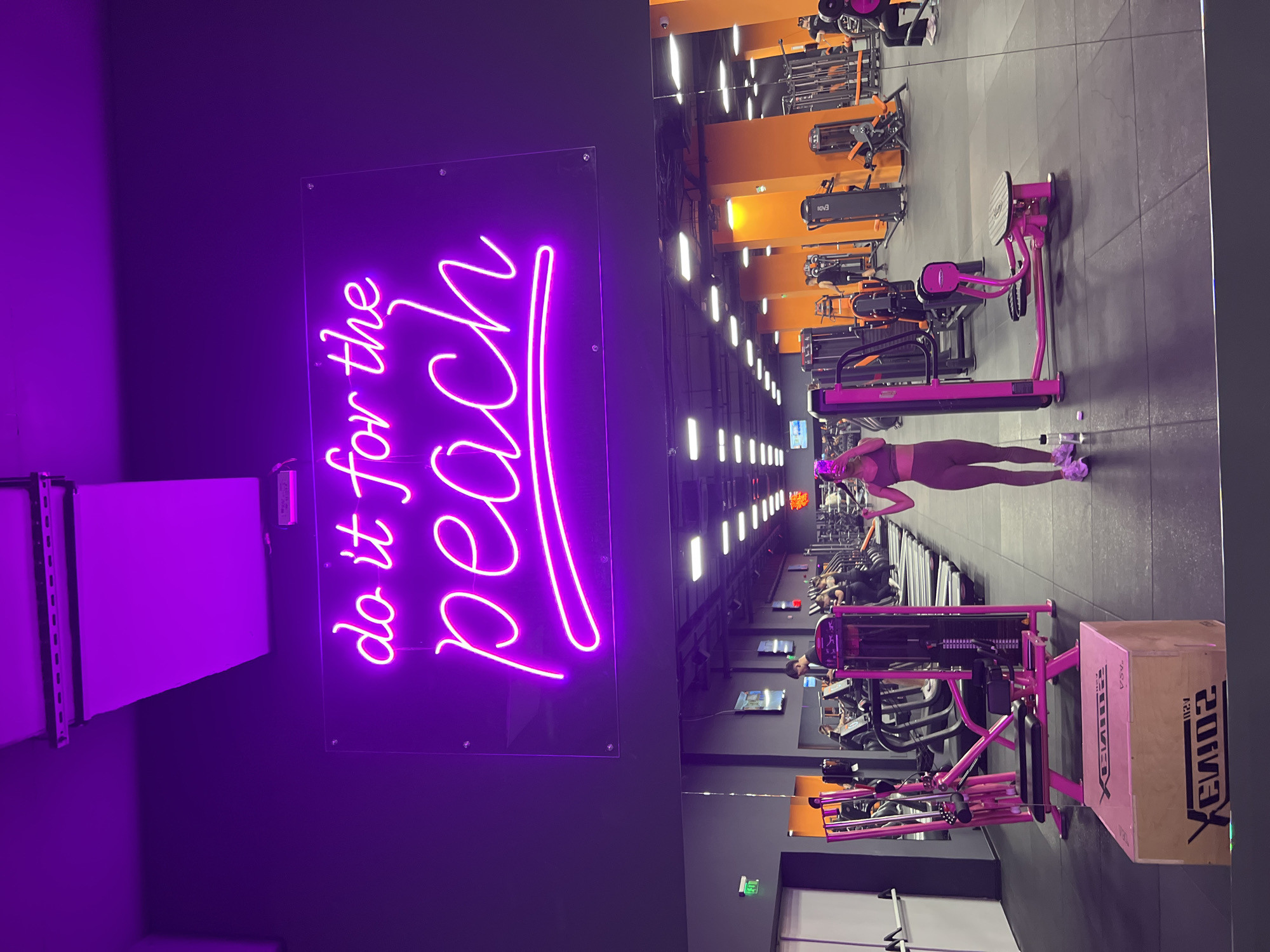 A horizontally-oriented photograph depicts the interior of a gym. A person is visible in the mirror, wearing a workout outfit. Gym equipment, with a pink and black color scheme, dominates the foreground. A neon sign reading "do it for the peach" in bright pink is mounted on a dark wall. The walls are painted in a combination of gray and orange, and linear lighting fixtures illuminate the ceiling. A cardboard box is also present in the foreground. No location information pertaining to Plovdiv, Bulgaria, is discernible from the image.