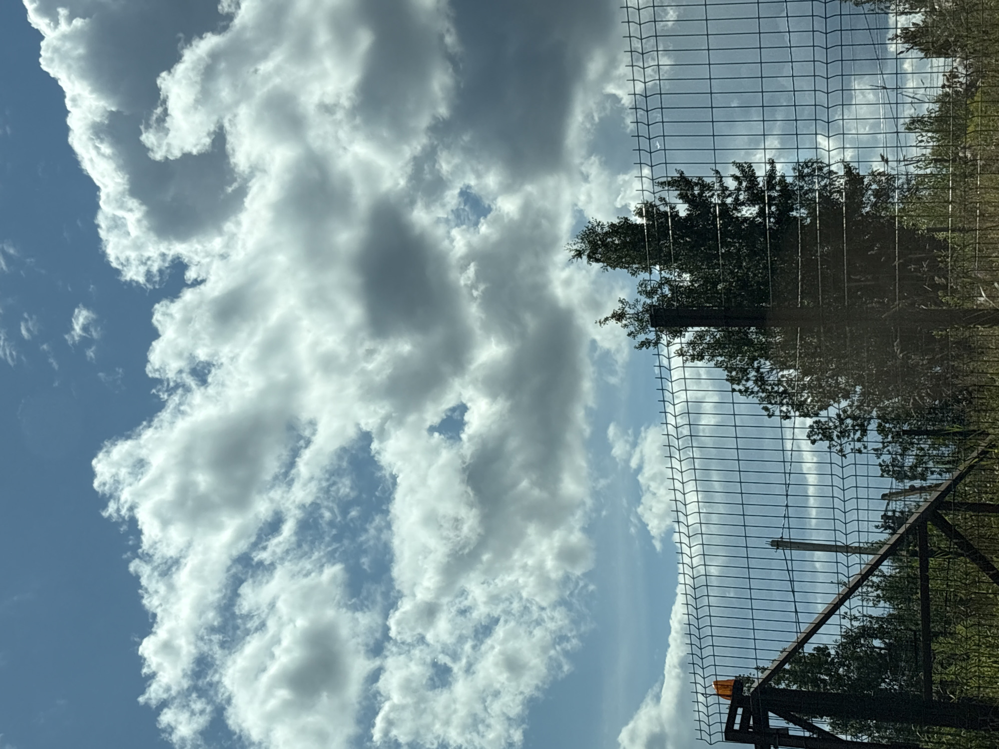 The image depicts a clear sky with scattered clouds. A metal fence with an orange warning light on a post runs across the lower half of the frame, partially obscuring trees and vegetation behind it. The scene appears to be outdoors, possibly near a construction site or a fenced-off area. There are no people or discernible actions taking place. The location is stated to be in the city of Imeni Sverdlova, Russia.
