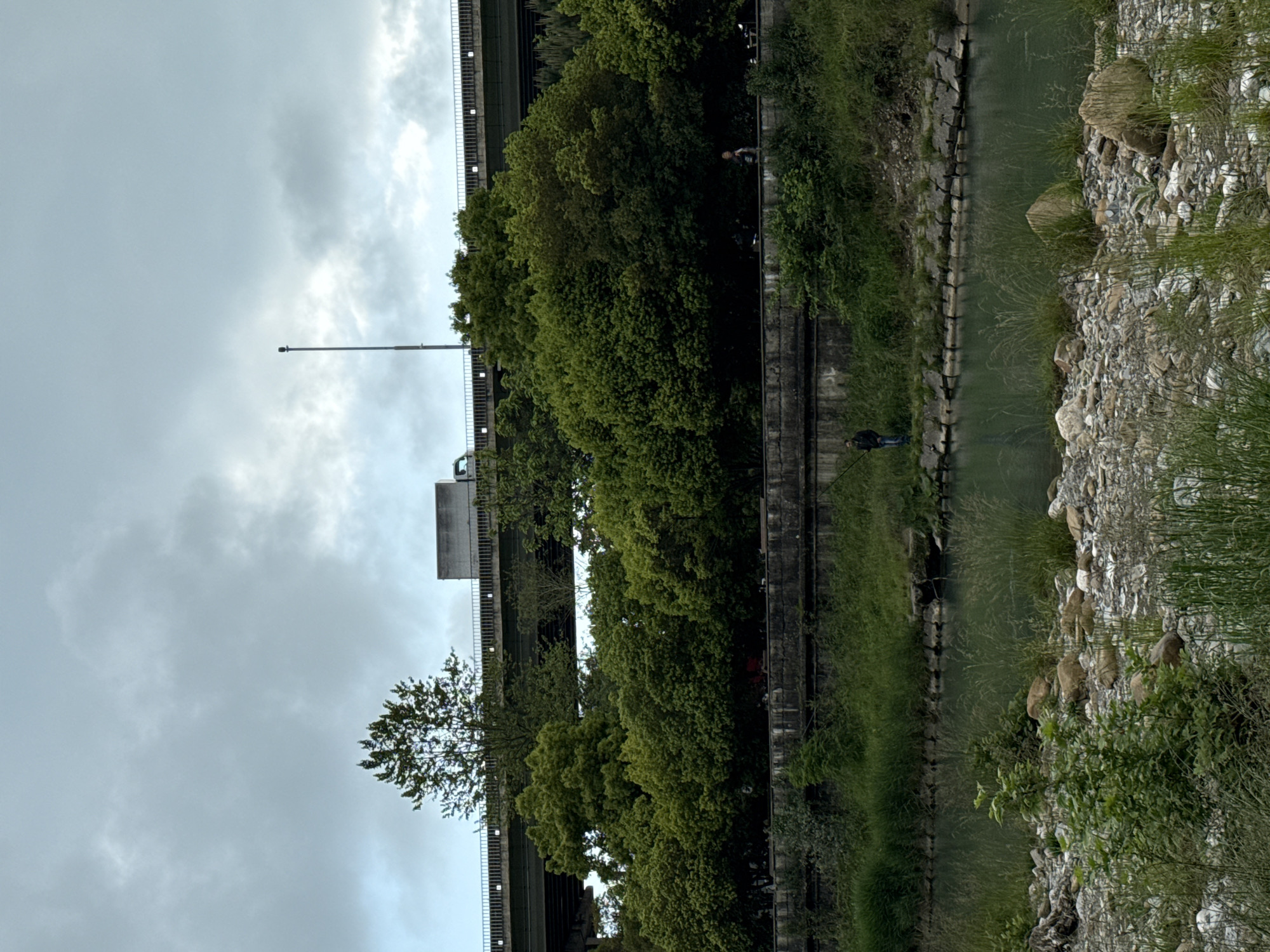 The image shows a river scene in an unknown urban location. The sky is overcast. A bridge or overpass is visible above the trees on the left side of the image. A narrow river channel is present on the right, with a stone and vegetation-covered bank. A person is standing near the river, possibly fishing. Another individual is standing near the bridge. The vegetation includes trees and grasses.