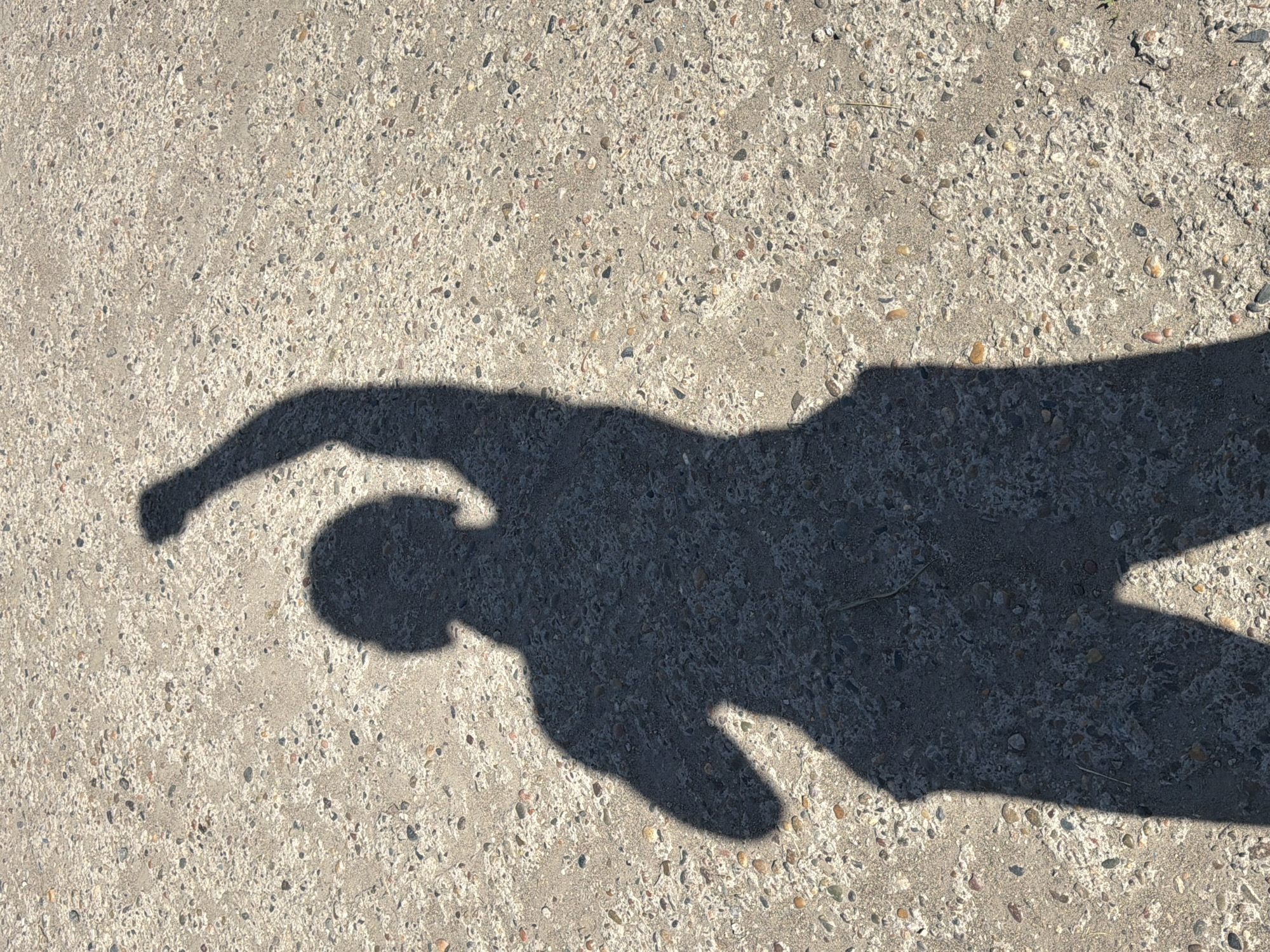 The image displays a prominent, dark shadow of a human figure cast upon a light gray, textured concrete surface. The shadow, which dominates the central and right portions of the frame, shows a person with their left arm extended dramatically forward, suggesting a dynamic pose, perhaps reaching or stretching. The head and torso are clearly visible in the silhouette, along with parts of the legs.
The ground is a coarse concrete material, likely an exposed aggregate finish, characterized by numerous small, embedded pebbles and varying shades of gray and beige. The sharp, well-defined edges of the shadow indicate strong, direct sunlight, suggesting a clear and sunny day. The angle of the shadow implies that the sun is positioned to one side of the subject, possibly mid-morning or late afternoon.
The cropped images further highlight the granular texture of the concrete and offer closer views of the shadow's contours without revealing additional context. No other subjects, objects, or text are visible in the scene. The setting appears to be an outdoor, paved area in Beryozovka, Russia, where the interaction of sunlight and a human form creates an abstract and striking visual.