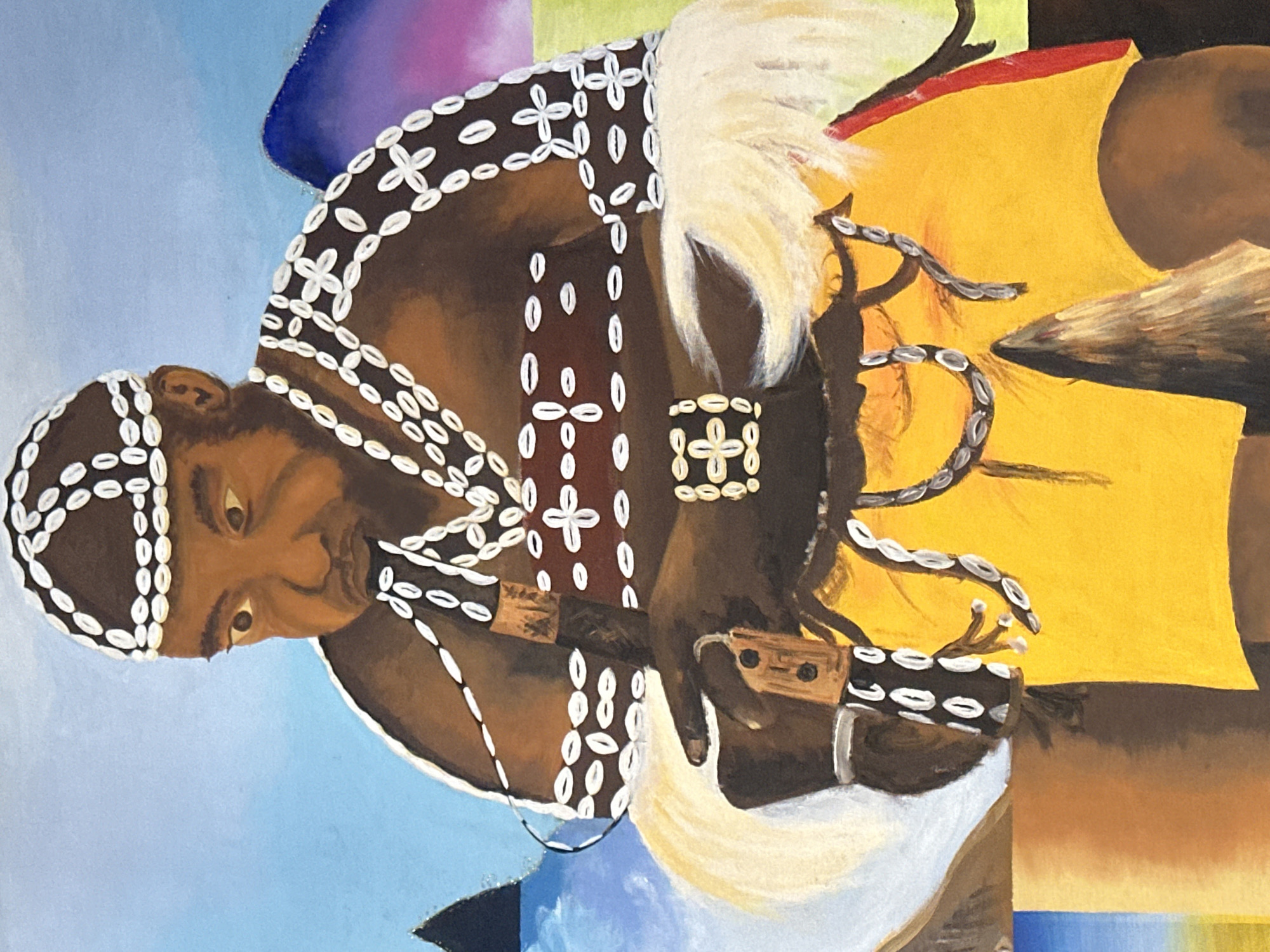 An oil painting depicts a man of African descent, likely from Gura Top, Nigeria, adorned in traditional attire. He wears a dark headdress and clothing embellished with white cowrie shells. His skin is a dark brown tone. He has a focused expression on his face, and his eyes are looking downward, and he appears to be blowing into a small, wooden musical instrument held in his hands. A yellow garment is visible behind him and to his right. A decorative white fringe hangs around his neck. A bracelet decorated with shells is on his left wrist. The background is a mix of blue, purple, and yellow, suggesting an abstract or stylized environment.