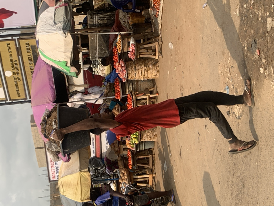 This image depicts an active outdoor market scene in Otuocha, Anambra State, Nigeria, under daylight conditions with an overcast sky allowing for direct sun patches. The ground is unpaved dirt with scattered small debris.
In the mid-ground, a male individual walks from right to left, facing away from the viewer's immediate right. He carries a large, dark-colored plastic basin filled with organic material, including what appears to be soil or refuse mixed with plastic bags, balanced on his head. His arms are raised, hands holding the sides of the basin for stability. He is wearing a red short-sleeved t-shirt, dark-colored long pants, and dark-colored flip-flops. His shadow extends diagonally behind him on the dusty ground.
The background is filled with various market stalls. Produce is displayed on numerous wooden stools and woven baskets, including piles of red tomatoes in metal trays, green fruits in a smaller tray, brown root vegetables, and light-colored cuts of meat or fish on flat trays. To the far right, small red-skinned vegetables are visible on a ground mat. Market umbrellas, faded in color (yellow, pink, and green/white), provide overhead shade. Parts of other individuals are visible among the stalls, including one wearing a blue shirt near a motorcycle on the far left, and another person under a pink umbrella.
Key identifying signs are visible in the background: a yellow sign reads "GOVERNMENT OF ANAMBRA STATE OF NIGERIA", and partially below it, "PRO... OF SHELL ROAD," and "LOCAL GOVERNMENT ARE". Another sign on a building under construction reads "PROJECT DESCRIBING BUILDING OF OTU...". A red vehicle is partially visible behind the stalls on the right.