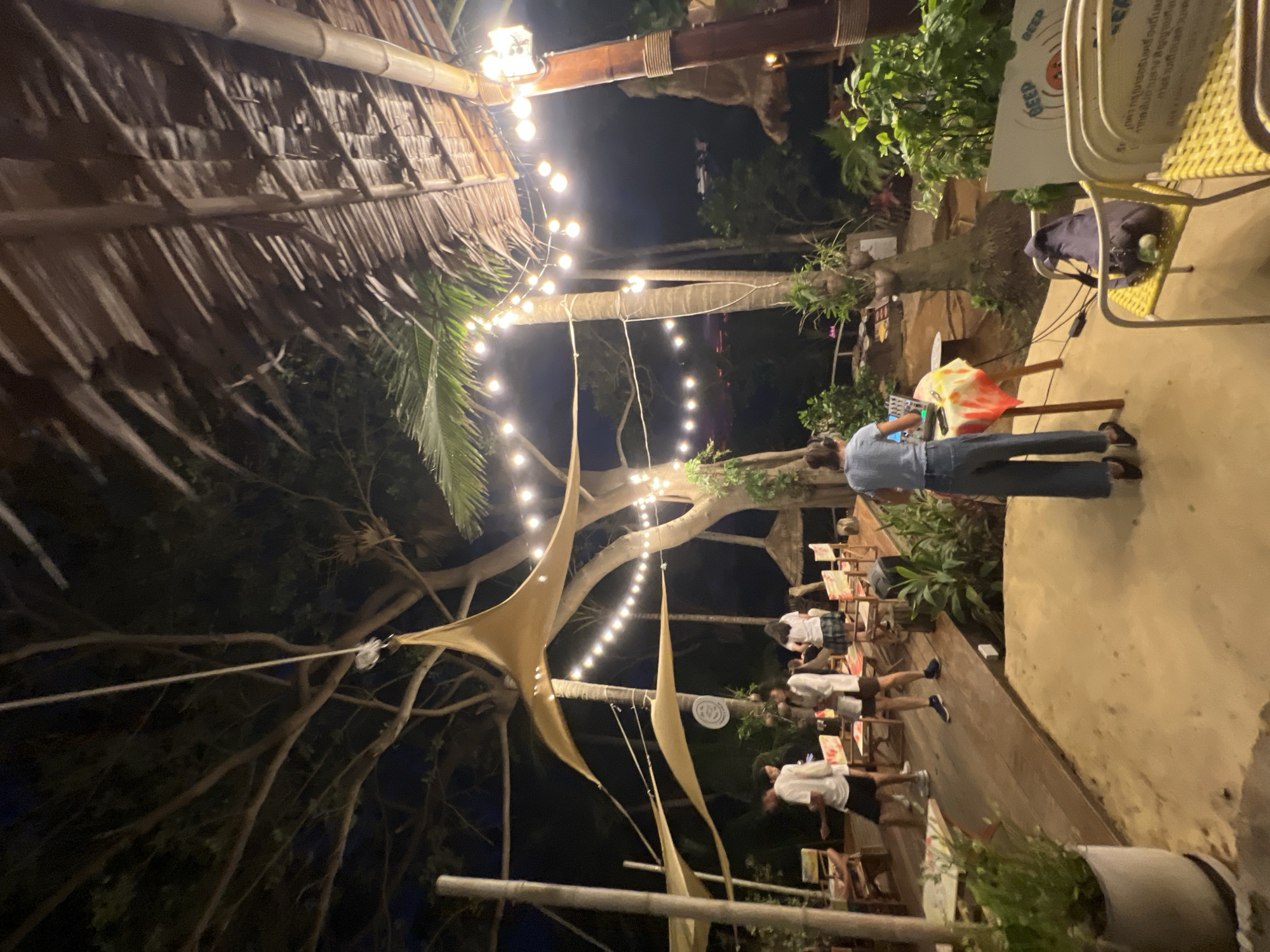 This is a nighttime outdoor scene at a restaurant or bar in Karon, Thailand. The setting is rustic, with a thatched roof structure and natural tree branches overhead. String lights are draped between trees and structures, illuminating the area.
Several people are visible. One person in the foreground is looking at their phone. Further back, a group of people are seated at tables. Some appear to be staff members in white shirts and dark shorts or skirts, while others are patrons. The overall atmosphere appears relaxed and casual, suitable for a tropical evening.
Notable details include the lush vegetation, the palm leaves, and the natural wood and bamboo used in the construction. The time of day is clearly night, and the weather appears to be clear, as there are no indications of rain or wind. The location cue of Karon, Thailand, suggests a beachside or tropical environment. There is some text on a white sign in the background, but it is too blurry to be legible.