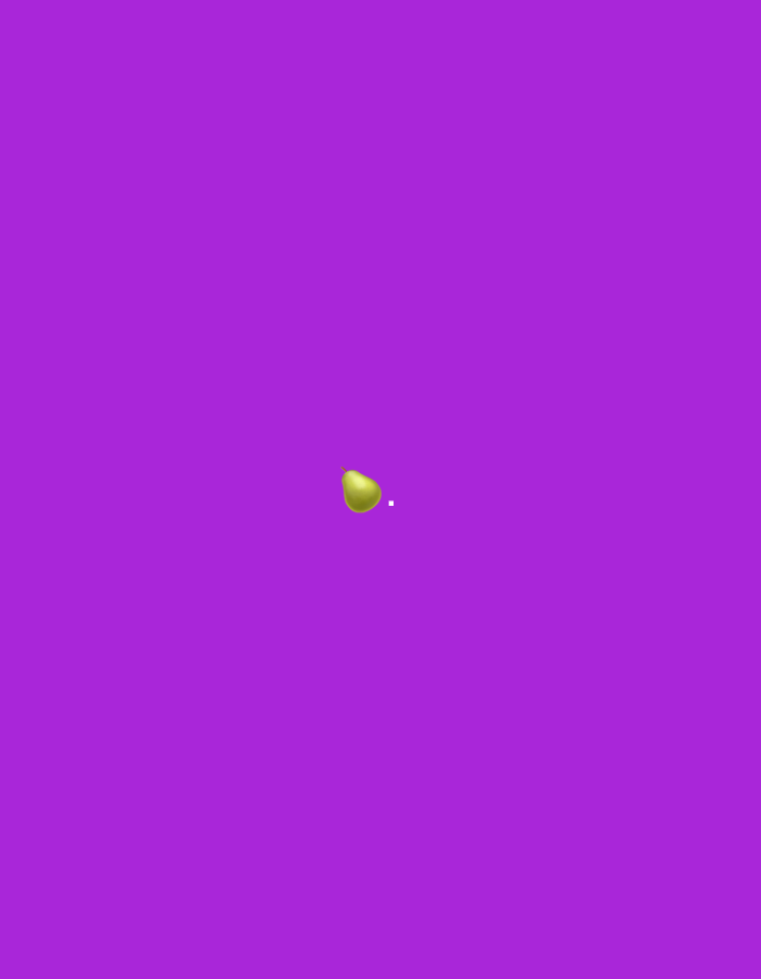 A lone, light green pear emoji is centered on a vibrant purple background. The pear emoji is slightly tilted to the left and appears to be suspended in the middle of the frame. There is a tiny white dot to the right of the pear. The overall impression is minimalist and abstract, with no discernible environmental context or urban setting.