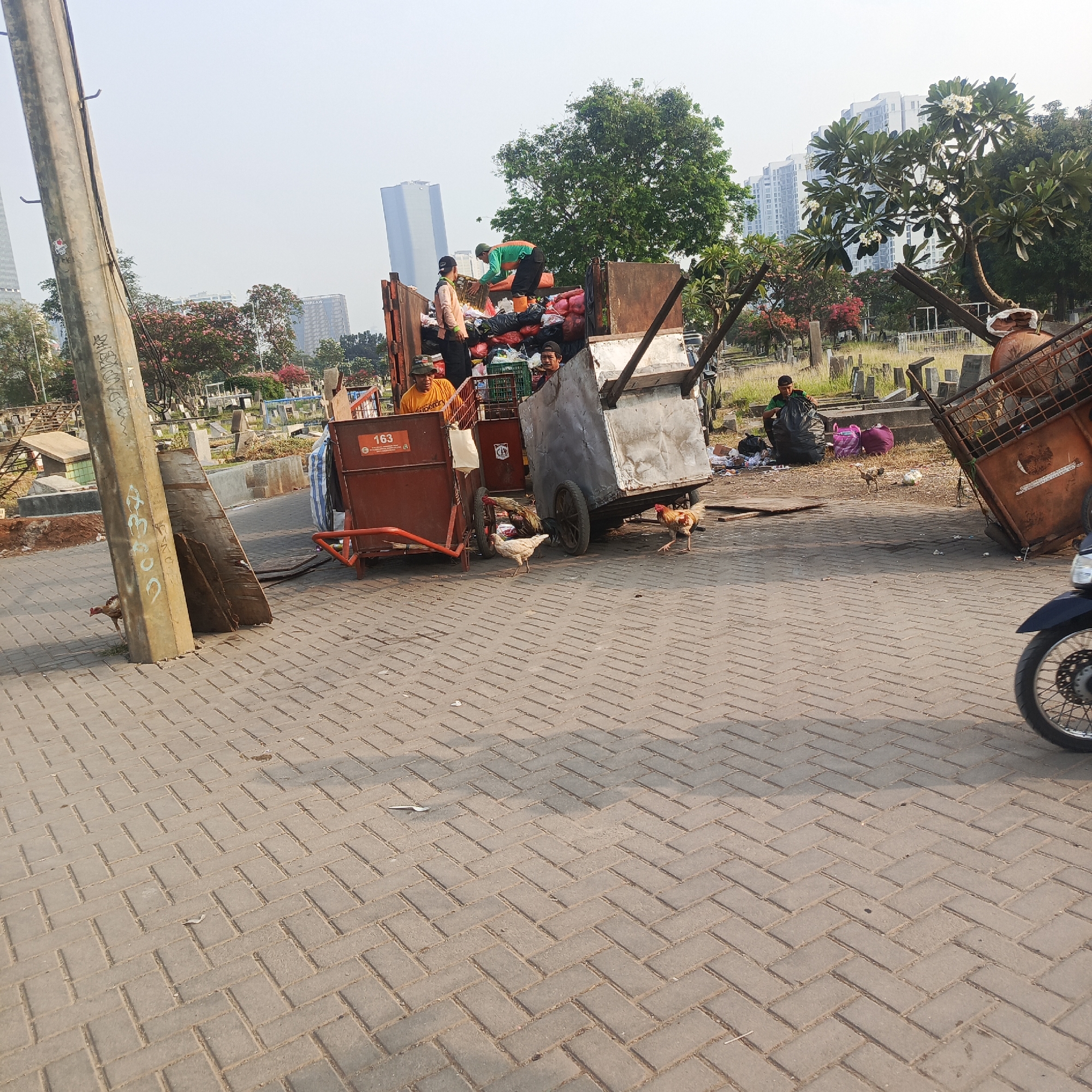 The image depicts a scene in South Jakarta, Indonesia, possibly near a cemetery, with several people sorting through garbage. A large truck filled with refuse is parked on a paved street. Several individuals, dressed in casual clothing, are actively handling trash, some loading it onto the truck and others collecting it. Chickens are visible on the ground near the garbage. In the background, there are rows of gravestones and trees, suggesting a cemetery setting. Modern buildings rise in the distance, indicating the presence of urban development in the area. The overall impression is one of waste management activity occurring within a mixed urban and natural environment.