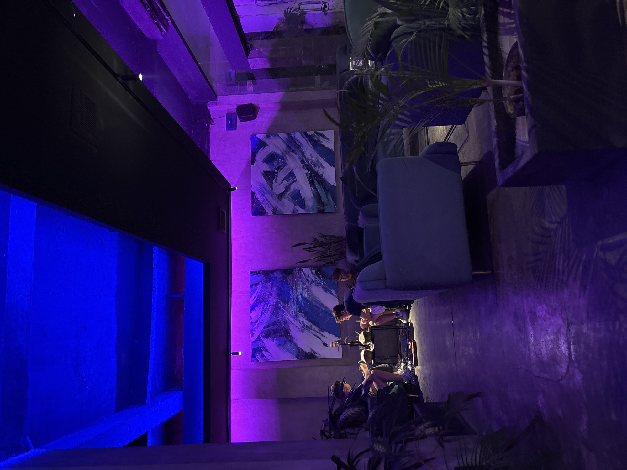A scene is captured in what appears to be a stylish indoor lounge area in Kuta Selatan, Indonesia. The space is lit with blue and purple ambient lighting, which gives the scene a cool and modern ambiance. Artwork adorns the walls - two abstract paintings with blue and white brushstrokes. In the foreground, lush greenery from potted plants adds a touch of nature to the scene. Several light blue cushioned chairs are arranged in the seating area. People are seated and engaged in activities, including what appears to be a podcast recording with visible microphones and equipment. The overall atmosphere suggests a blend of urban sophistication and relaxed social interaction.