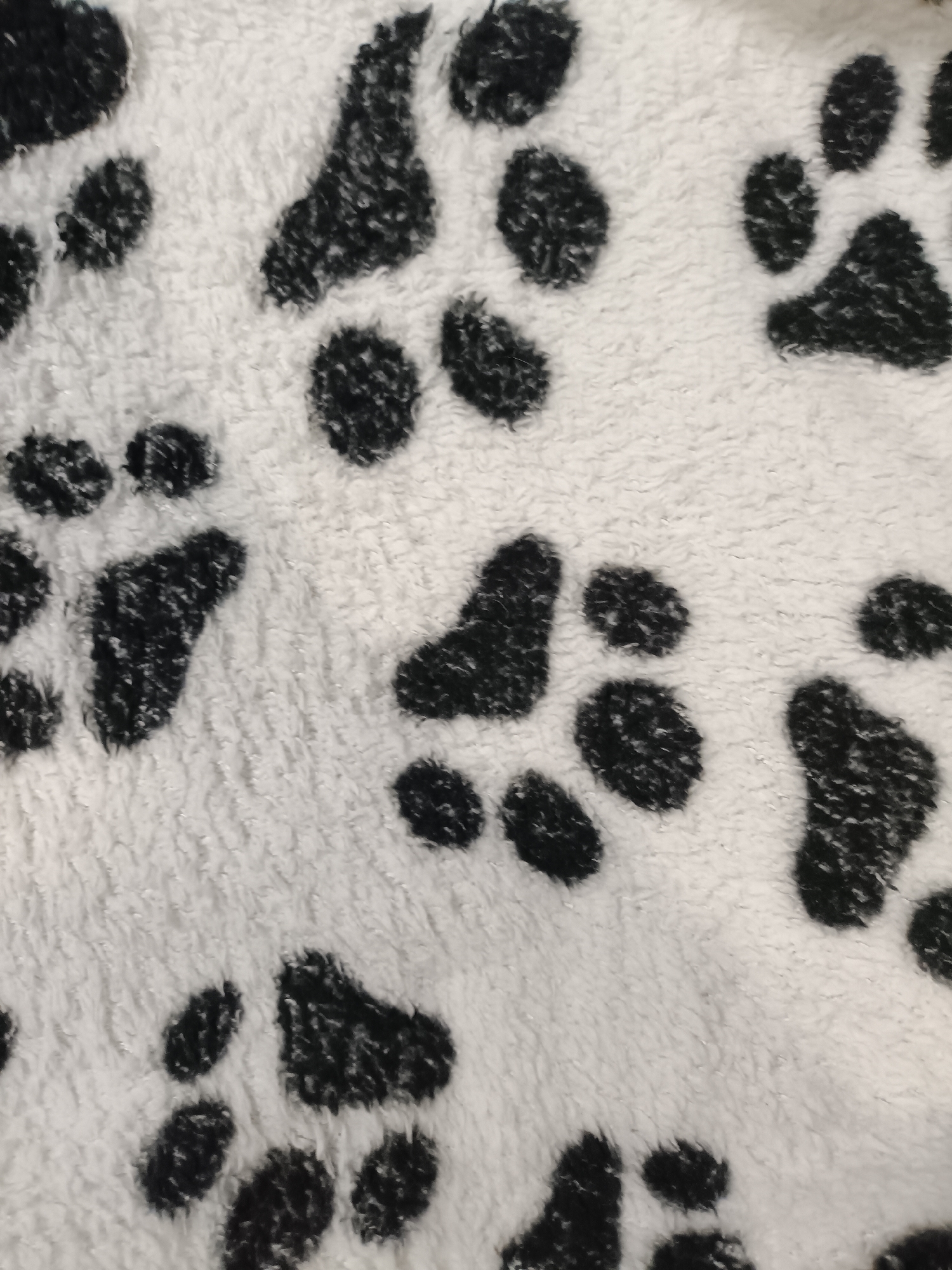 This is a close-up, top-down, eye-level, medium shot of a white furry surface with black paw prints. The paw prints are scattered across the surface and vary in size and completeness. The texture of the white surface is rough and fuzzy, indicating it might be a blanket, rug, or pet bed. There is no indication of location in the city of Bataysk, Russia, or any environmental details beyond the immediate surface. No people, actions, or interactions are depicted.
