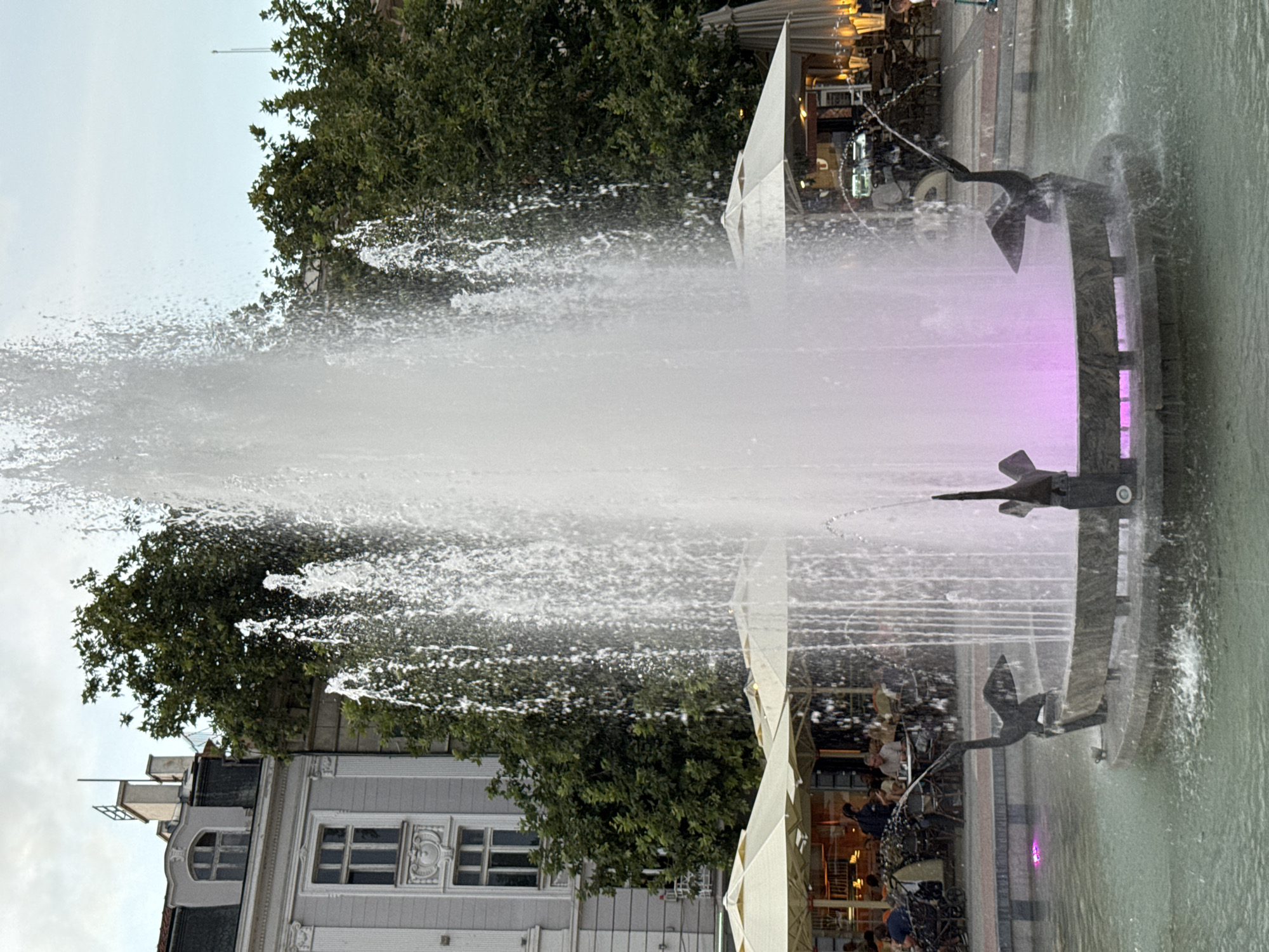 The image depicts a large fountain in the center of a public space, likely a pedestrian area or square, in Plovdiv, Bulgaria. The fountain features a central water jet with a prominent spray, illuminated from below by pinkish-purple lights, creating a vibrant effect. The base of the fountain is circular and made of stone, with decorative sculptures of birds, appearing to be swans, integrated into its structure. Water cascades down the sides of the fountain into a surrounding pool.
In the background, there is a large, classical-style building with ornate architectural details, including columns, decorative moldings, and arched windows, indicative of historical architecture common in Plovdiv. Adjacent to the building, there are outdoor seating areas with tables and umbrellas, suggesting a cafe or restaurant. Several people are seated at these tables, engaged in conversation or enjoying their surroundings. Trees with lush green foliage are visible behind the building and along the edges of the public space, providing shade and natural beauty. The sky is overcast, suggesting a cloudy day. The overall scene conveys a lively urban atmosphere with elements of both historical architecture and modern public amenities.