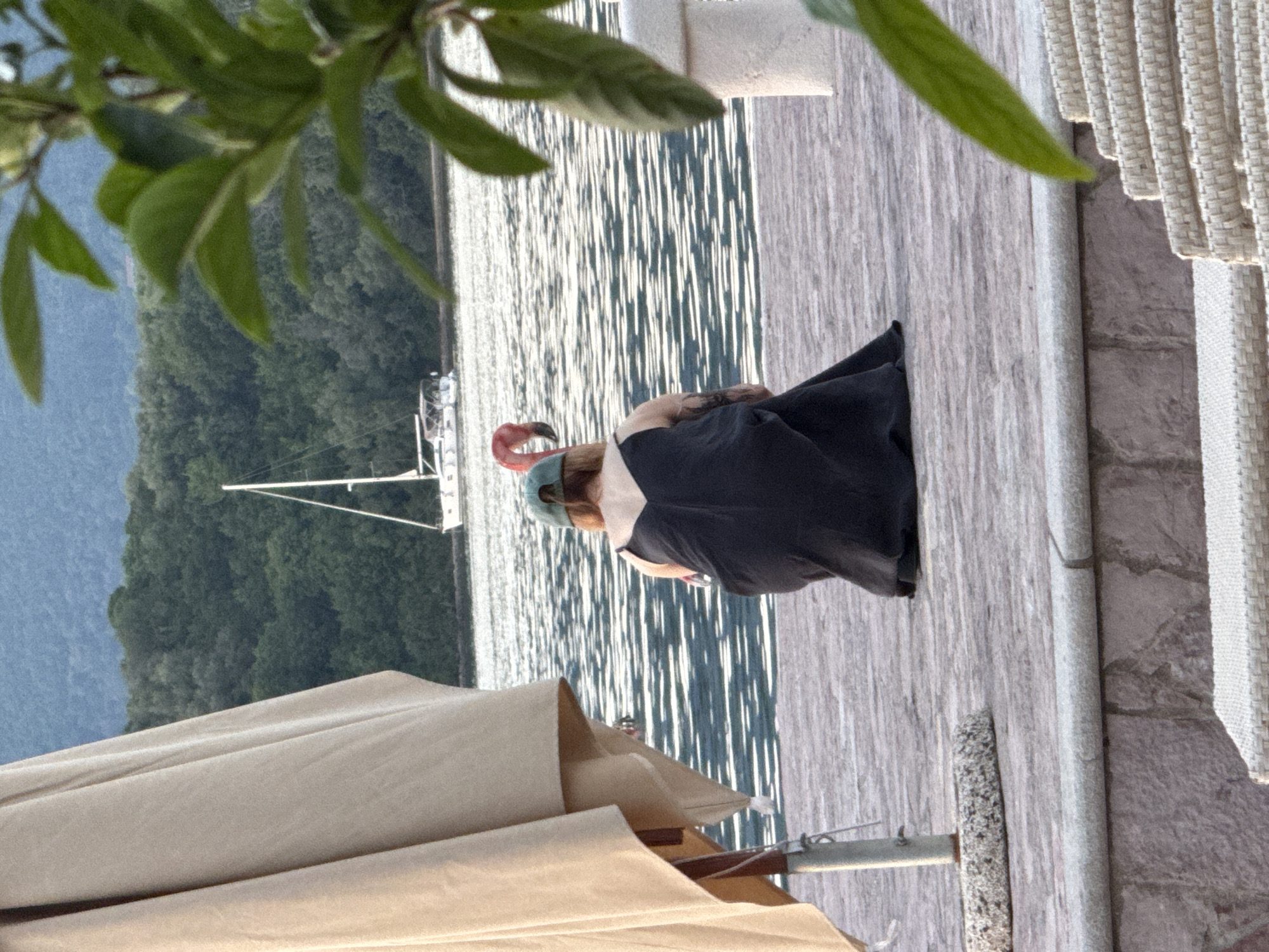 A sideways shot taken in Bogišići, Montenegro, showcases a woman seated by the water's edge, possibly the Bay of Kotor, with a sailboat visible in the background. She is wearing a dark dress and a green hat with a flamingo detail on top. The image includes a partial view of a beach umbrella in the foreground and foliage overhead. The scene is characterized by water reflections and a blend of natural and structural elements. A textured surface possibly represents an outdoor seating area.
