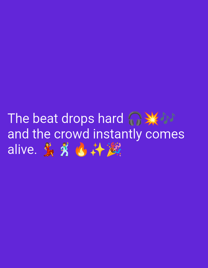 A text overlay on a purple background reads "The beat drops hard π§π₯πΆ and the crowd instantly comes alive. ππΊπ₯β¨π". The text is in a light color and is centered horizontally. The background is a solid, vibrant purple. The overall image appears to be a digital graphic, possibly for social media or a party invitation, and is not a photograph of a specific location in Kebondalem, Indonesia.