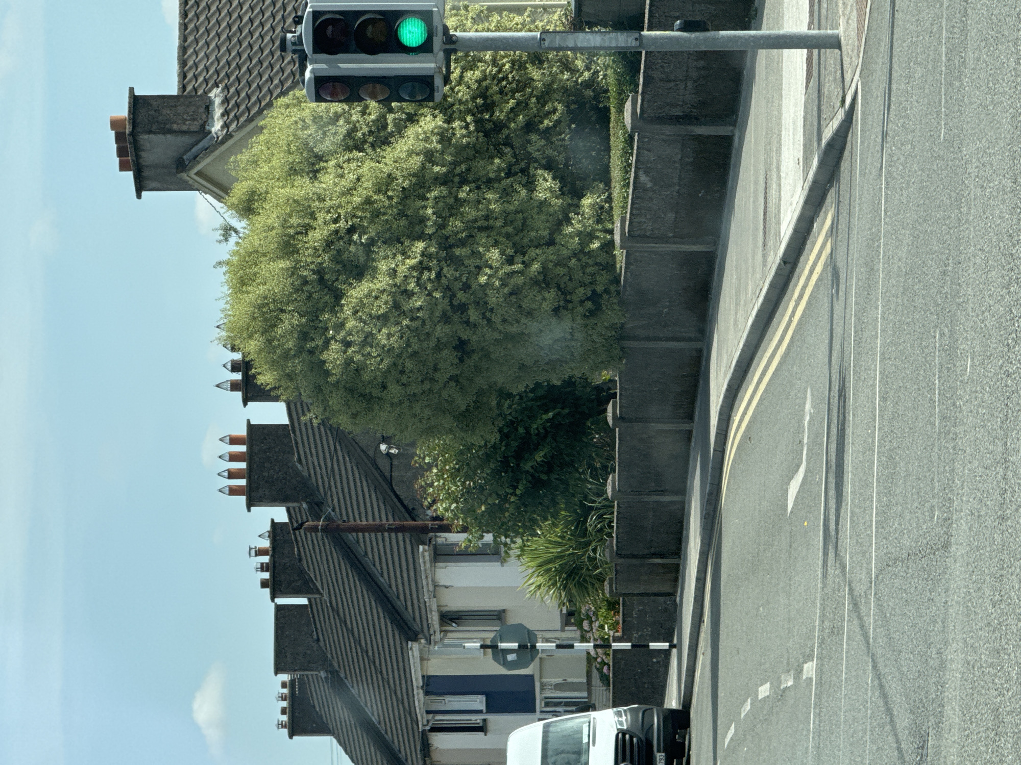 The image shows a view of a street in Waterford, Ireland, with houses and a traffic light. On the left, a white van is parked, facing away from the camera. In the background, a row of houses with dark tiled roofs and stone chimneys can be seen. Some of the chimneys have decorative caps. A large, lush green tree dominates the right side of the background, partially obscuring the houses. A traffic light is visible on the right side of the image, with the green light illuminated. A concrete wall runs along the side of the road, with a striped pole and a circular sign with a black and white cross on it positioned in front of the houses. The road in the foreground has white and yellow lane markings, indicating a junction or turn. The sky is blue with a few white clouds. The overall impression is of a residential street in daylight.
